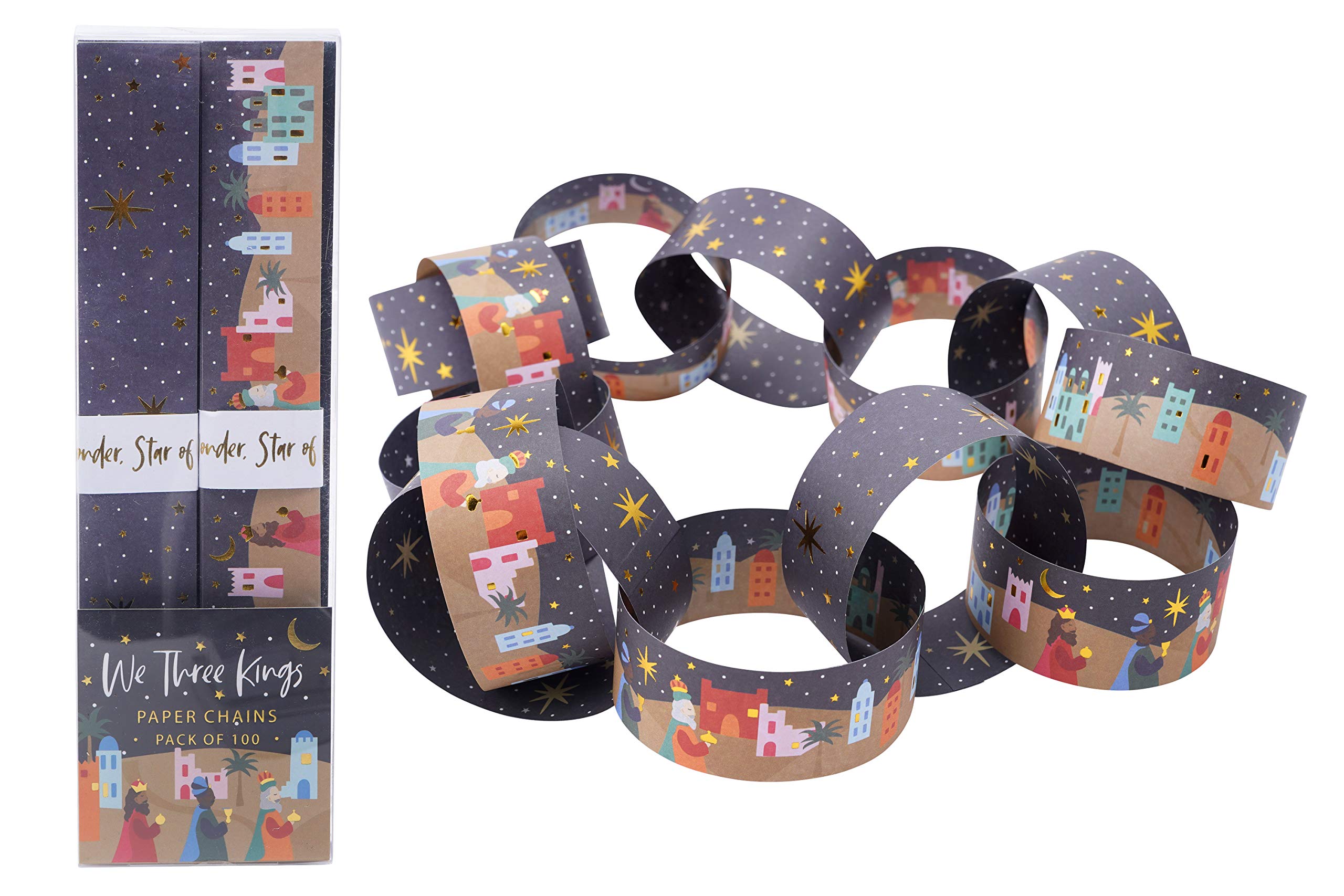 Cgb Giftware Red, White, Green, Gold, Pink, Blue | Christmas Decoration Pack Of 100 Nativity Themed Design With Gold Detailing | 5 Metre | Self Stick Retro Paper Chains Garland | Christmas Decoration | Diy Crafting | Gb05486