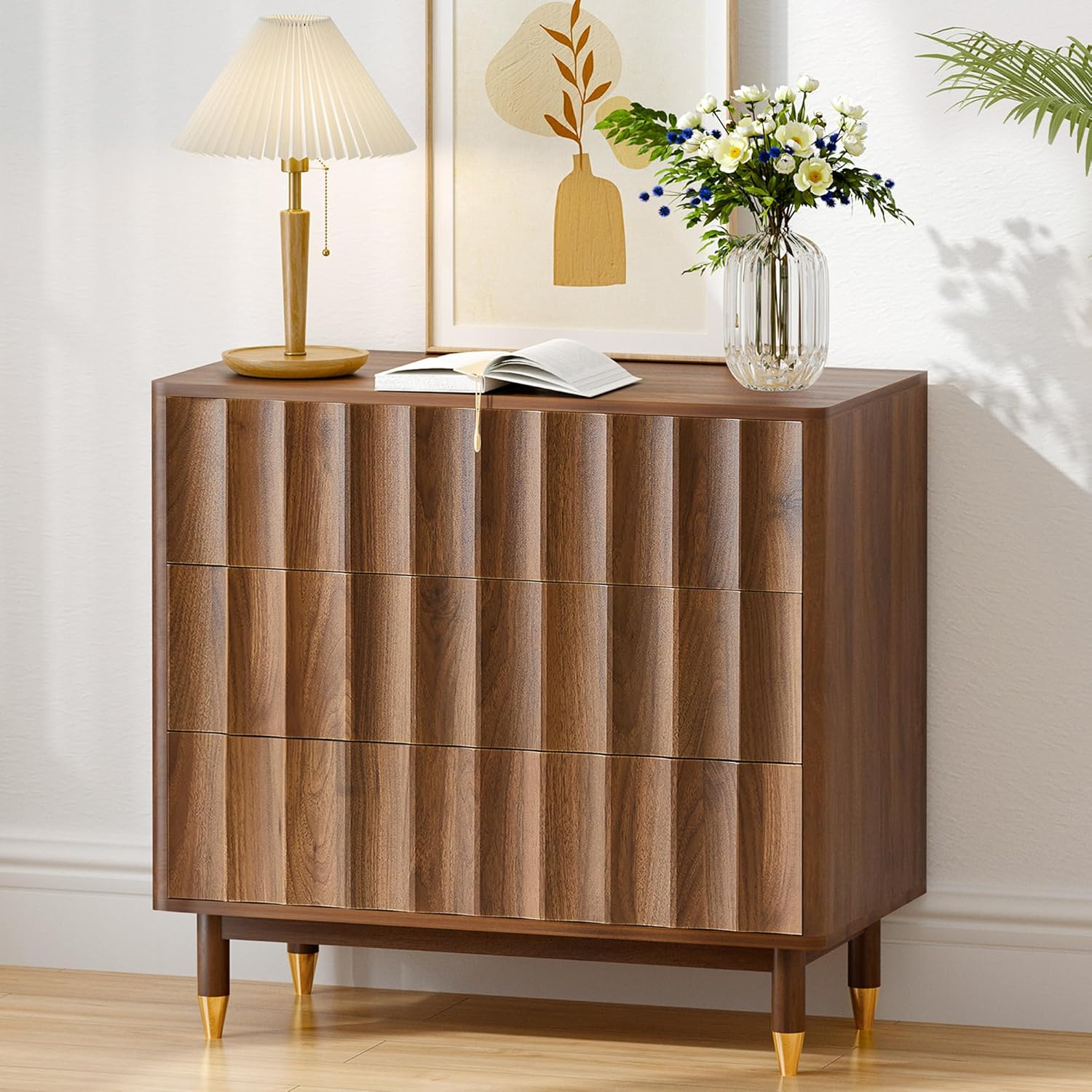 Bifins Fluted 3 Drawer Dresser - 31.5" Wide Mid-Century Modern Wood Chest for Bedroom, Living Room Storage