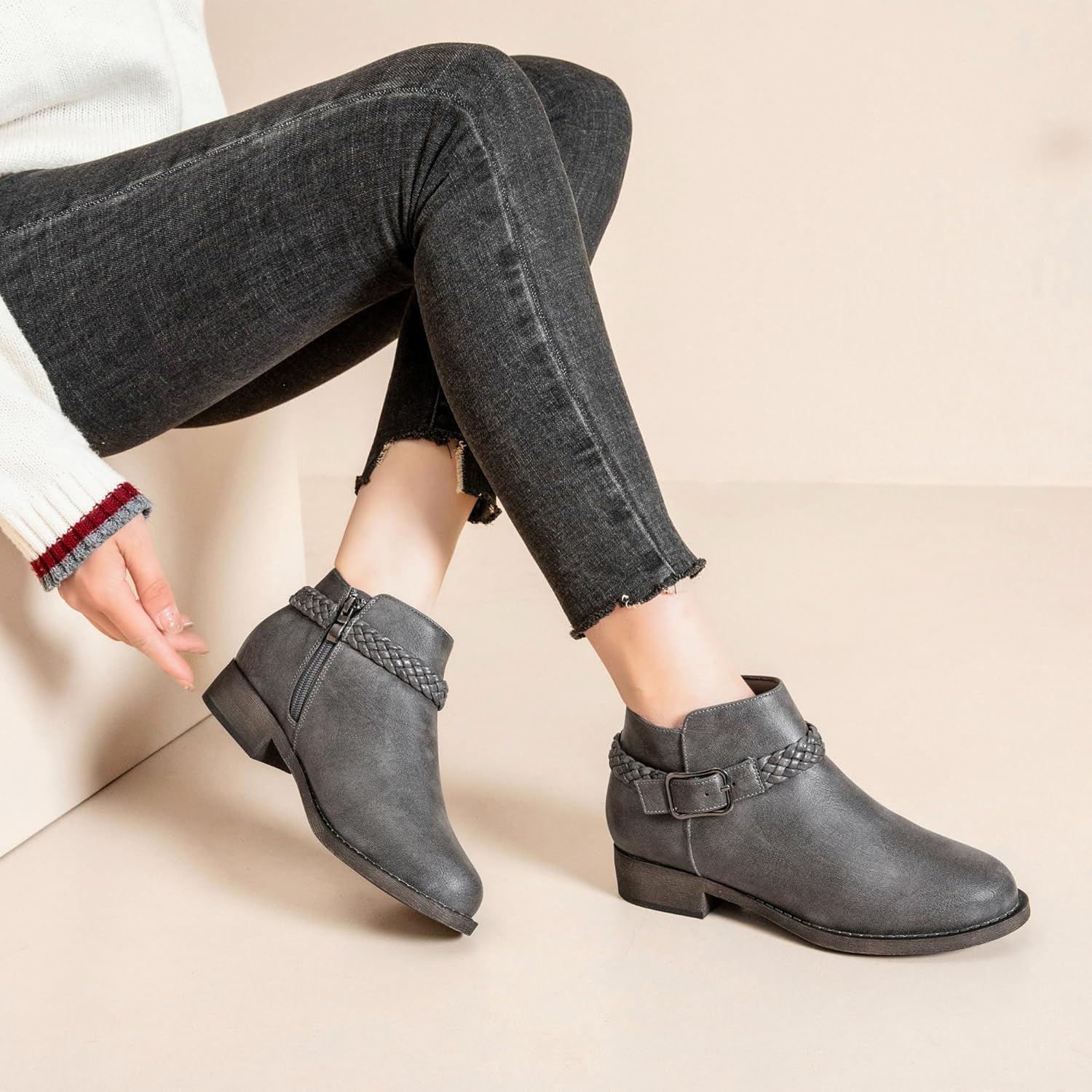 Veittes Women's Ankle Boots - Classic Side Zip, Comfortable Platform, Cover with Buckle Strap, Round Toe, Low Chunky Heel Comfort Slip On Fashion (Black/Dark Brown/Grey) Boots.