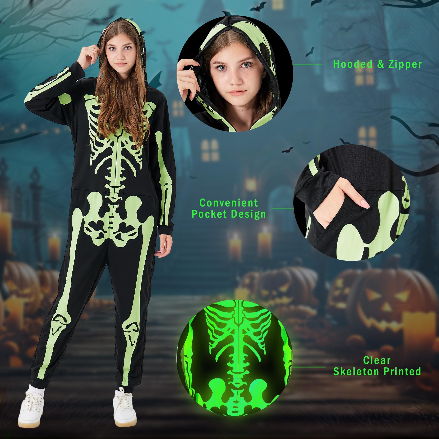 Disfraz unisex de esqueleto para adultos, overol de pijama que brilla en la oscuridad con cremallera y capucha para Halloween