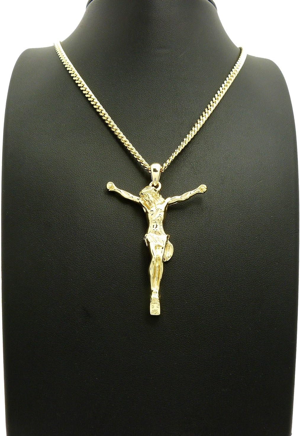 CBC Crown Jesus Cross Crucifix Pendant Necklace in Box, Cuban, Rope Chain Necklace in Gold Tone