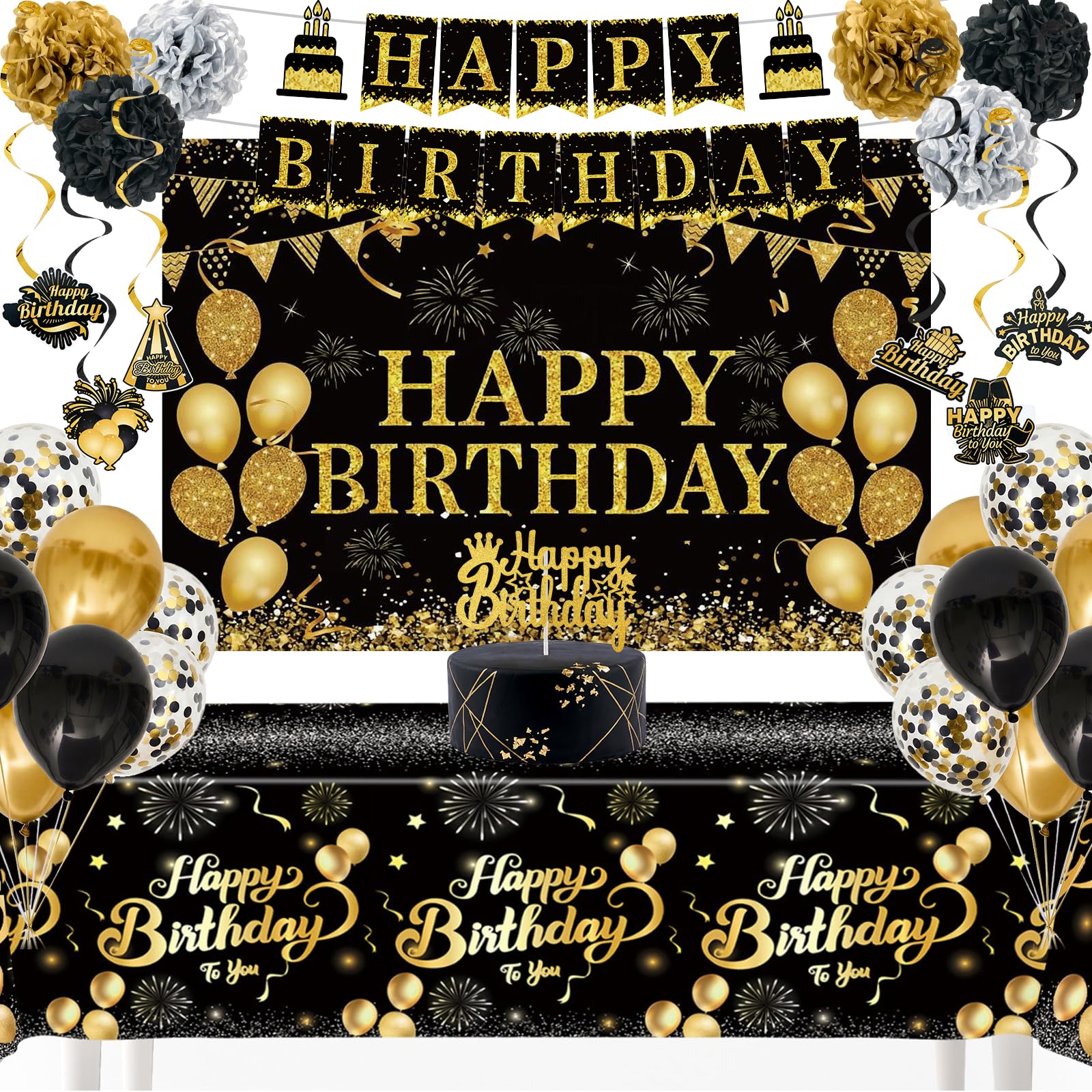 Happy Birthday Decorations for Men Women, Black Gold Party Backdrop Happy Birthday Decoration Set with Banner Foil Balloon Tablecloth Cake Topper, Happy Birthday Party Decor Supplies — image 1