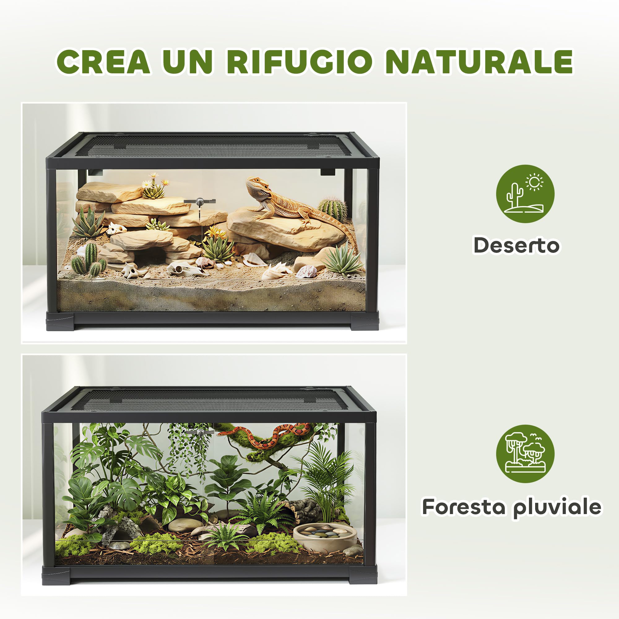 PawHut Terrario per Rettili Rialzato 60x45x32 cm con Doppia Serratura, Porta per Alimentazione, Ventilazione e Visuale a 360°, Rettilario con Rete Metallica per Ucertole, Ragni, Gechi, Serpenti, Nero