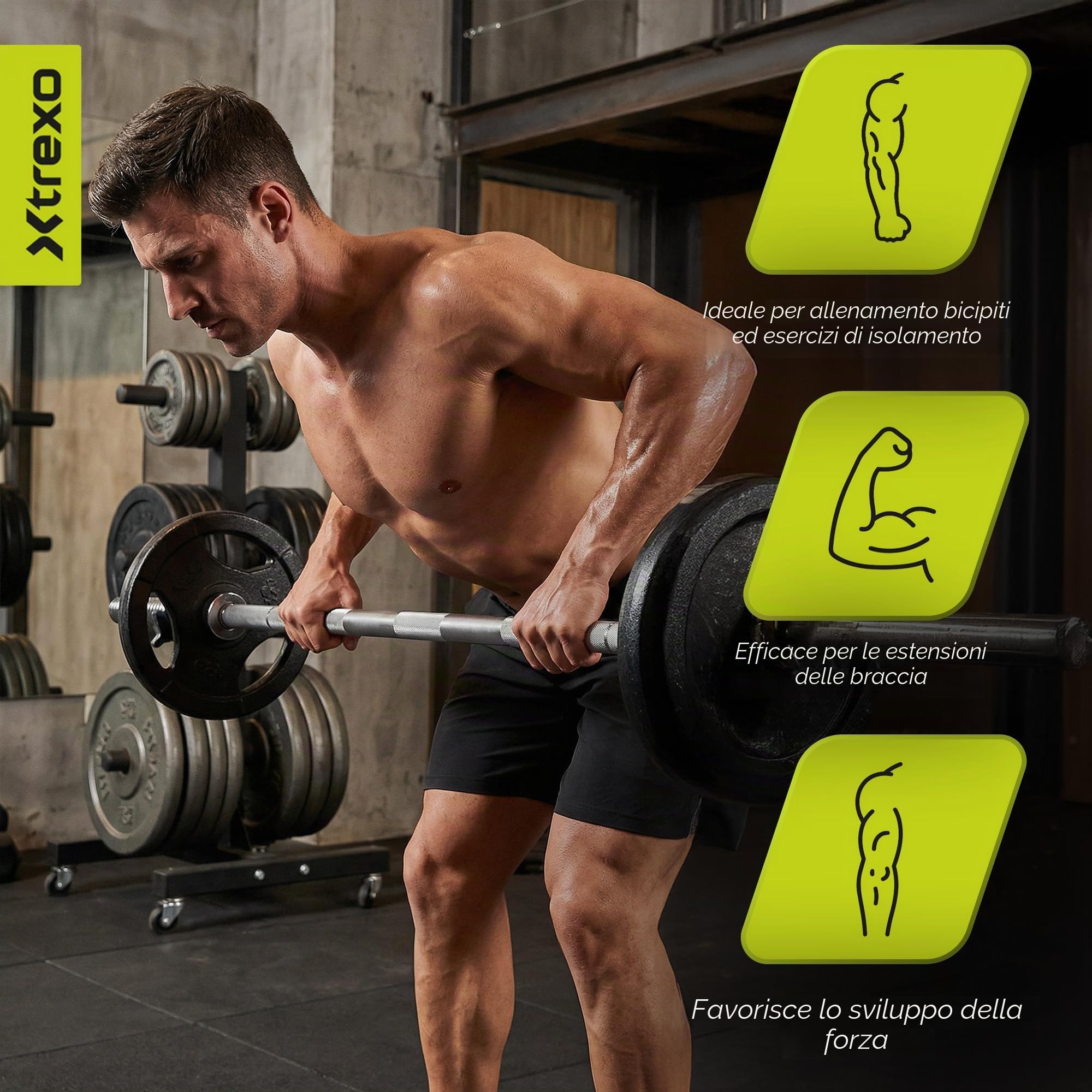 XTREXO TX bilanciere 180 cm – 8,7 kg, capacità di carico 140 kg, diametro 28 mm, acciaio al carbonio, zigrinatura, chiusure a stella, per allenamento di forza a casa, panca, squat, canottaggio