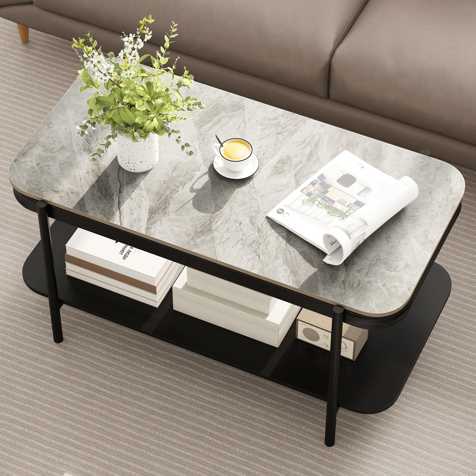 COSTWAY Couchtisch Marmor, Wohnzimmertisch mit 2 Ebenen & Metallrahmen, Sofatisch rechteckig, moderner Kaffeetisch für Wohnzimmer und Büro, 90 x 50 x 45,5 cm (Grau)
