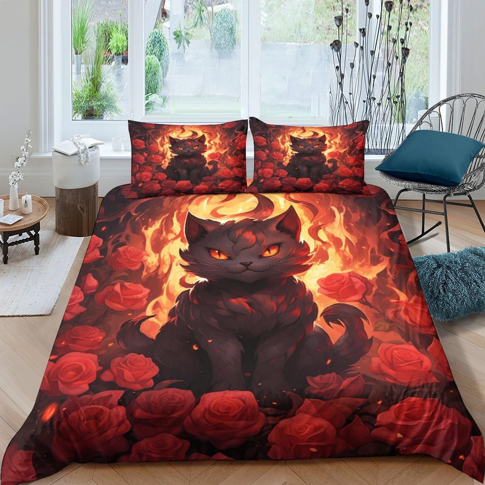 Ctjqhvkz Style-6 3D Printed Fire Cat Fitted Sheet Microfiber Soft Red Flame Rose Mattress Cover Decor For Bedroom Dorm Apartment Single（135X200cm）
