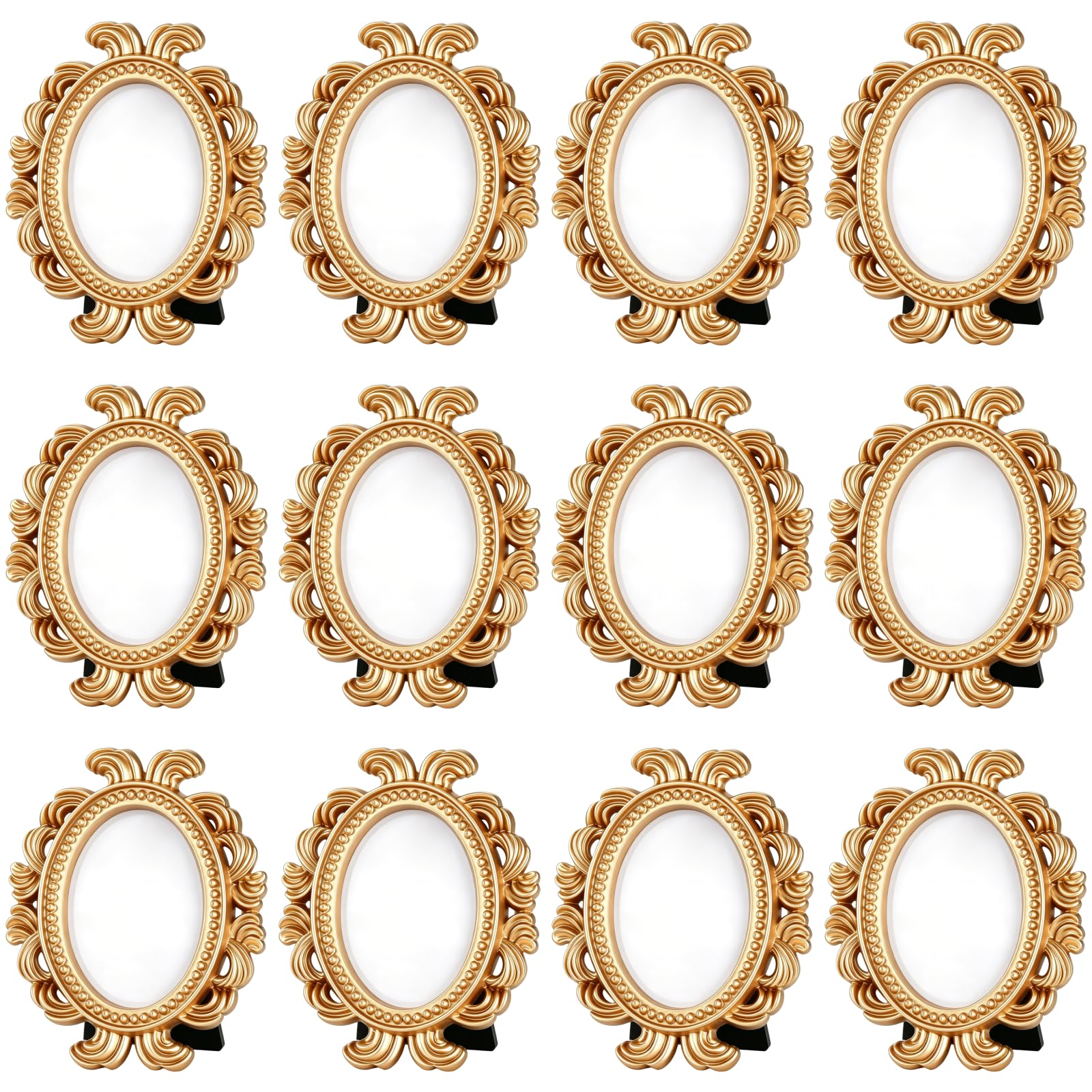 Lot de 12 mini cadres photo ovales dorés en résine sculptée baroque - 9,5 x 8 x 1,2 cm - Décoration de table ou murale pour photos à faire soi-même, décorations de mariage et de fête
