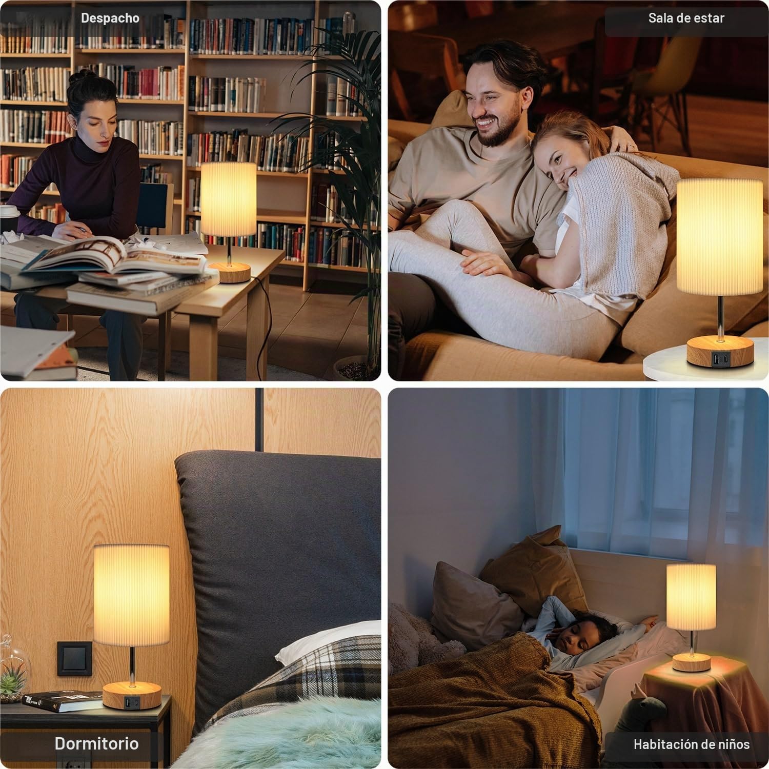 HSLighting Lámpara De Mesita De Noche, Táctil Regulable Lámpara De Mesa Con Función De Carga USB A+C 2 Bombillas LED Pantalla De Lino, Lámpara Pequeña Para Dormitorio Oficina Salón Dormitorio