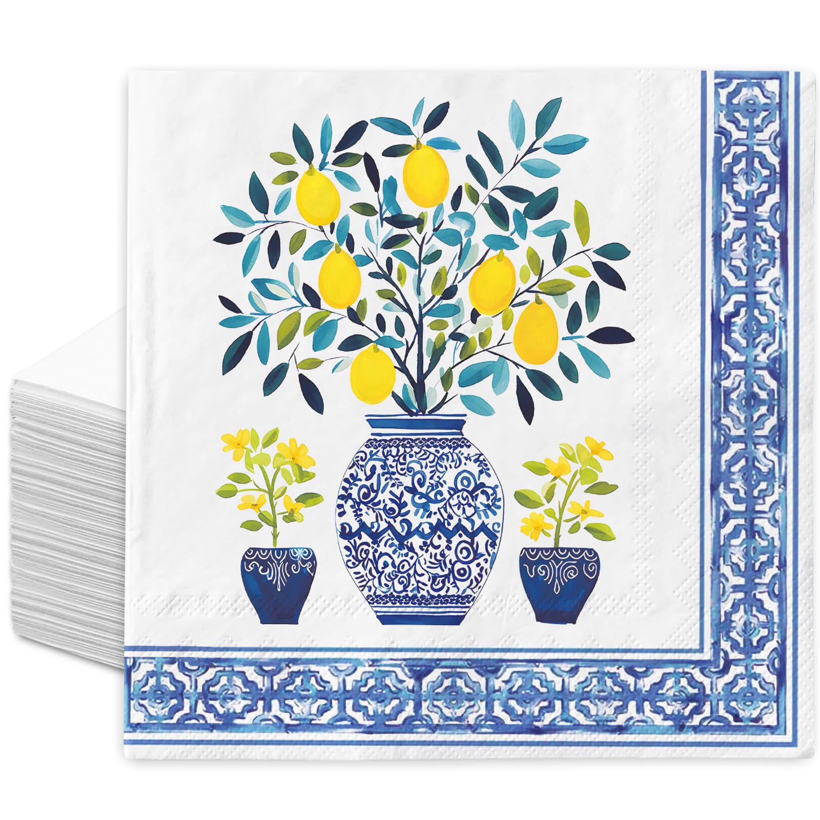 JarThenaAMCS 100Pcs Lemon Topiary Paper Napkin Yellow Blue Chinoiserie Disposable Luncheon Napkin Summer Dinner Napkin for Home Kitchen Party Supplies