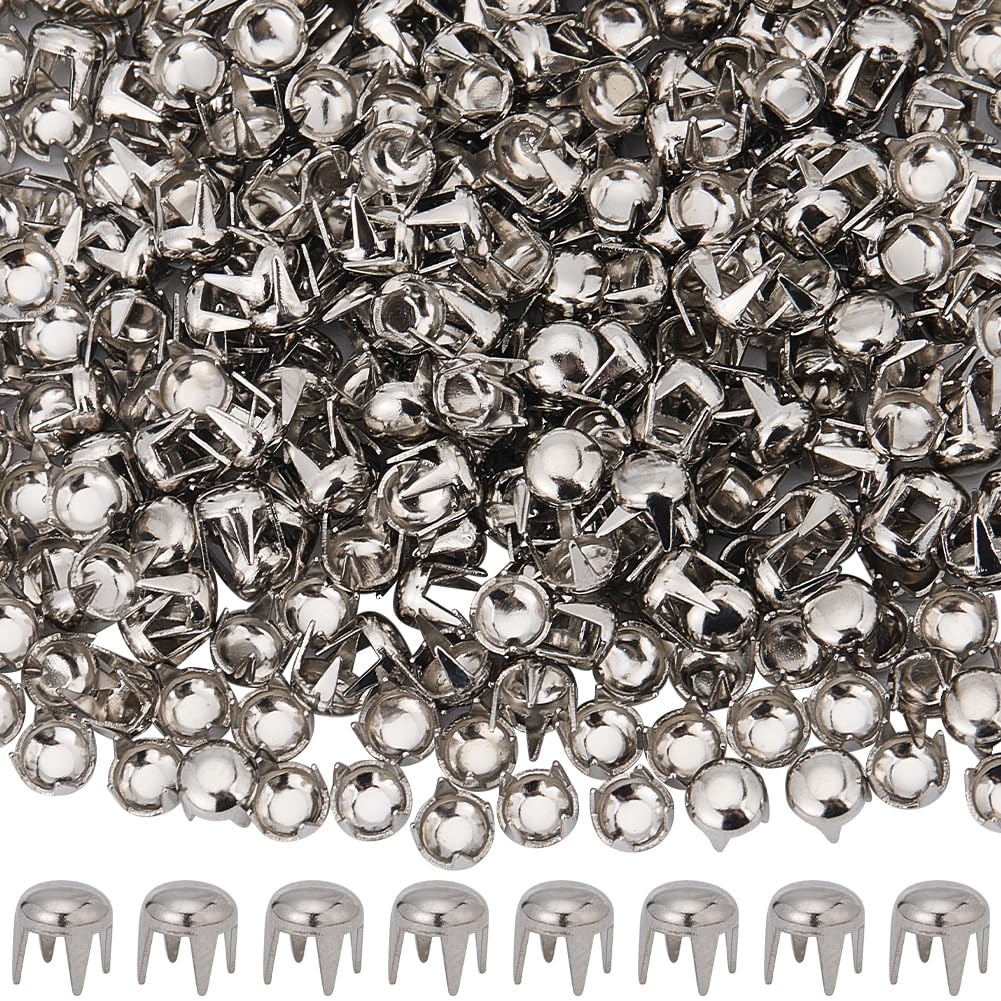 SUNNYCLUE 1 Box 400Pcs Rivet Dome Studs Round Clothing Studs 4mm Brass Platinum Four Claw Head Spike Prong Spots Mushroom Rivets Nailheads for Leather Craft Clothes Belt Bag Shoes DIY Accessories