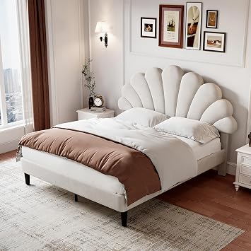 Upholstered Double Bed Frame with Adjustable Chic Petal Headboard, Metal and Wooden Bed with Slats, No Mattress, Soft Velvet, 135 x 190cm, Beige