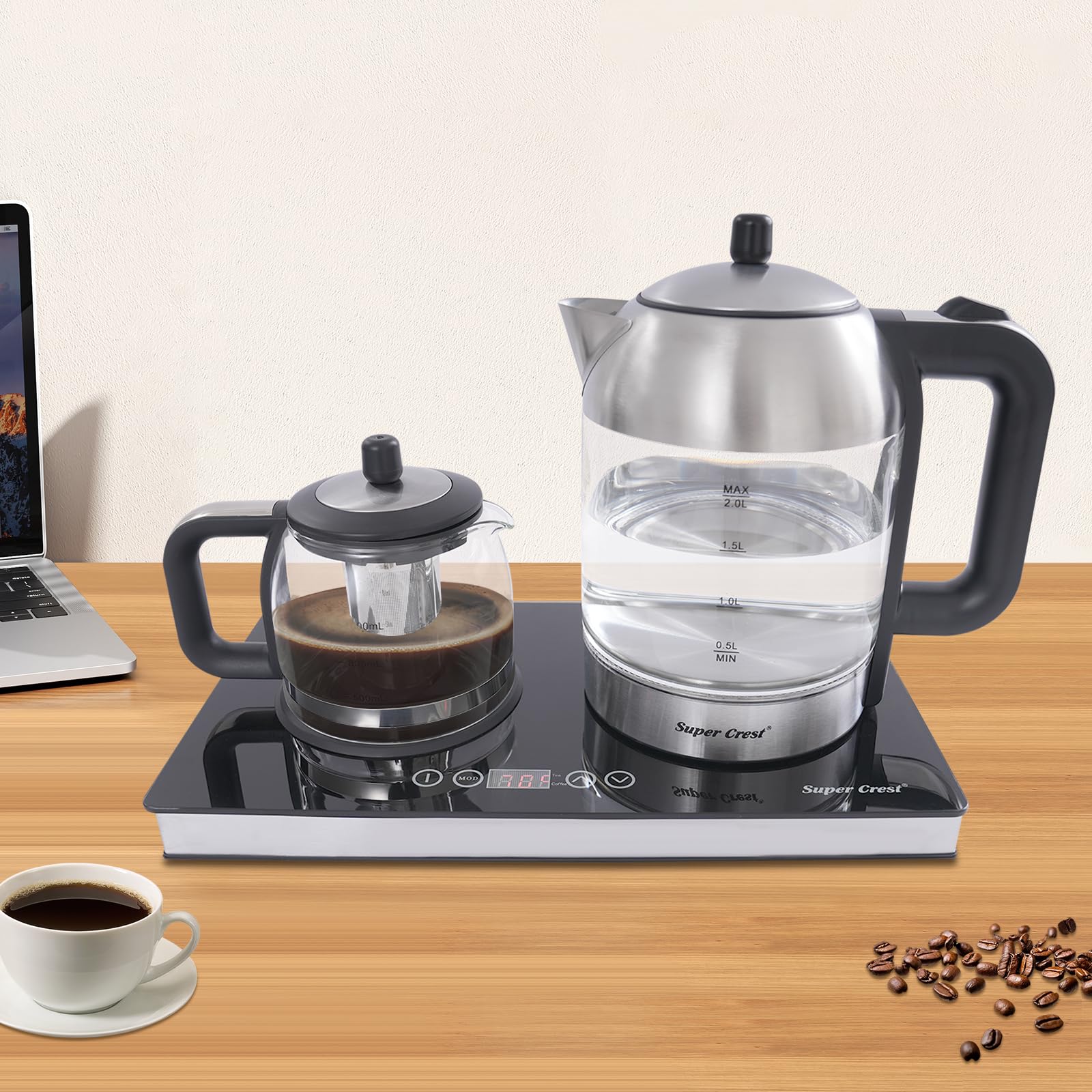 Estación de té y café en uno, base de hervidor de agua con pantalla LCD | Tetera de 2 litros y 1 L con filtro de acero inoxidable, ajuste de temperatura y sensor táctil, estación de té de 1500 W