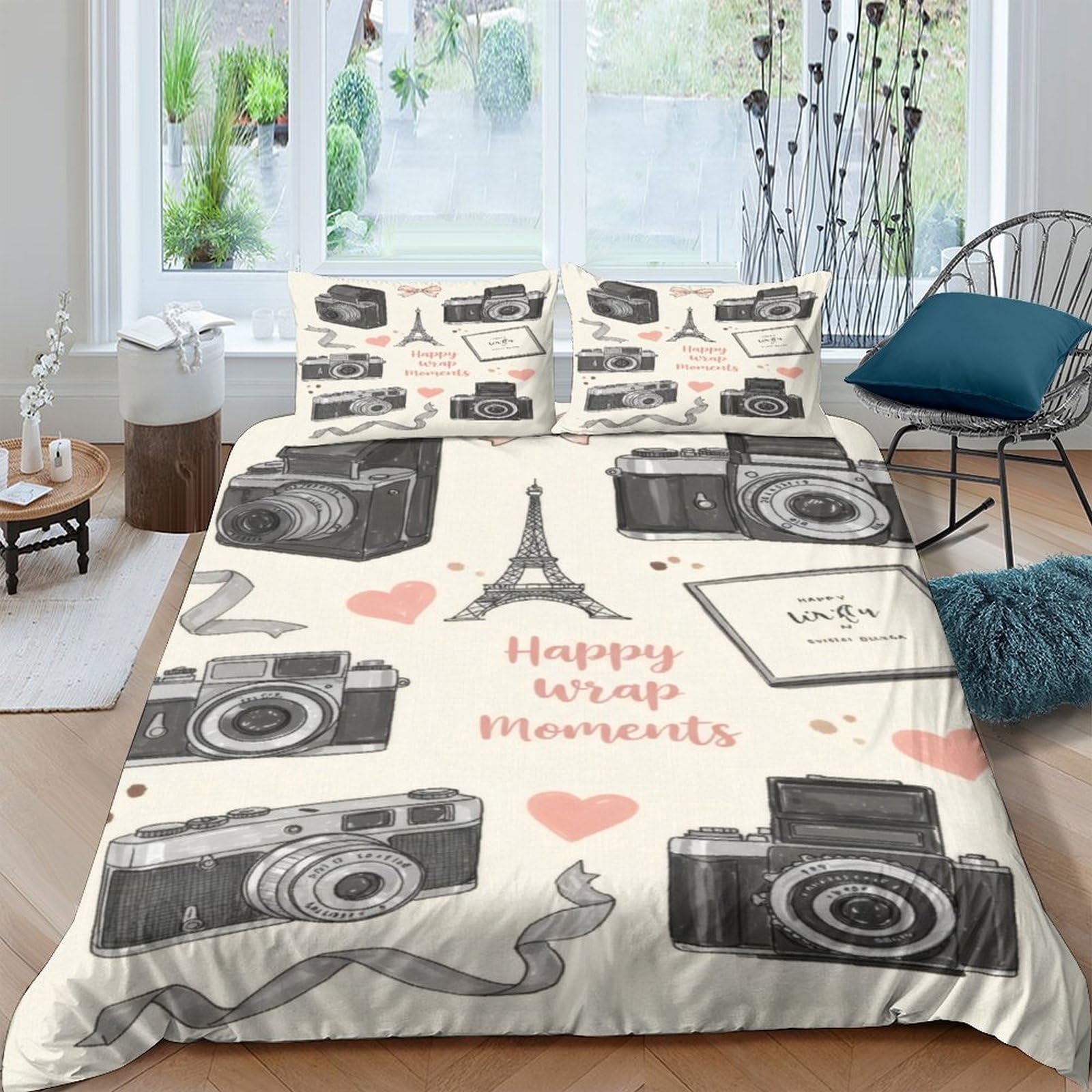 Ctjqhvkz Style-6 3D Printed Vintage Camera Fitted Sheet Microfiber Soft Paris Eiffel Bed Cover For Bedroom Dorm Mattress Decor Single（135X200cm）