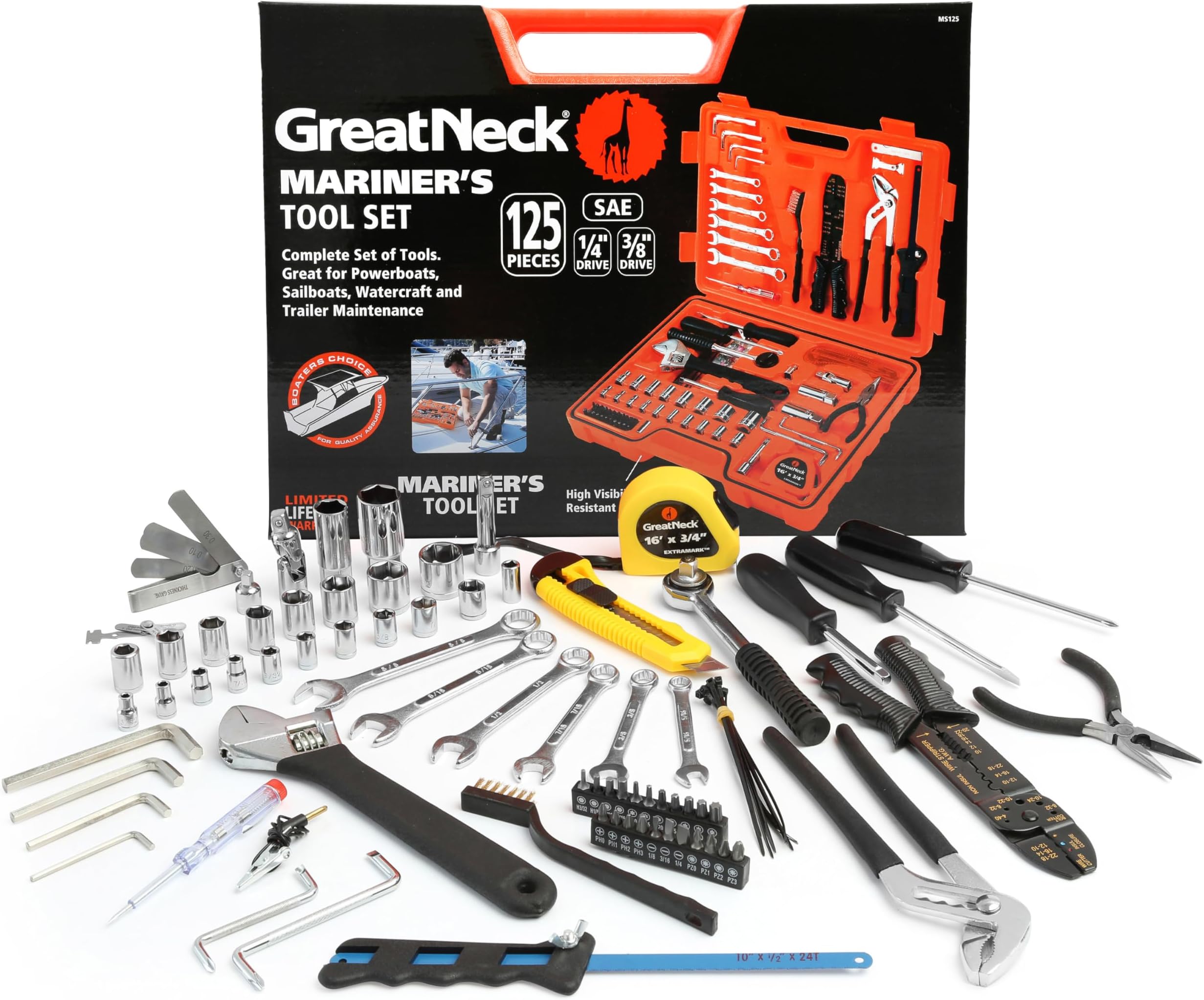 MS125 125 Piece Marine Tool Set, Gifts for Men, Dad Gifts, High Visibility, Water-Resistant Boat Tool Box Case, Anti-Rust Chrome-Plated Boat Supplies And Accessories