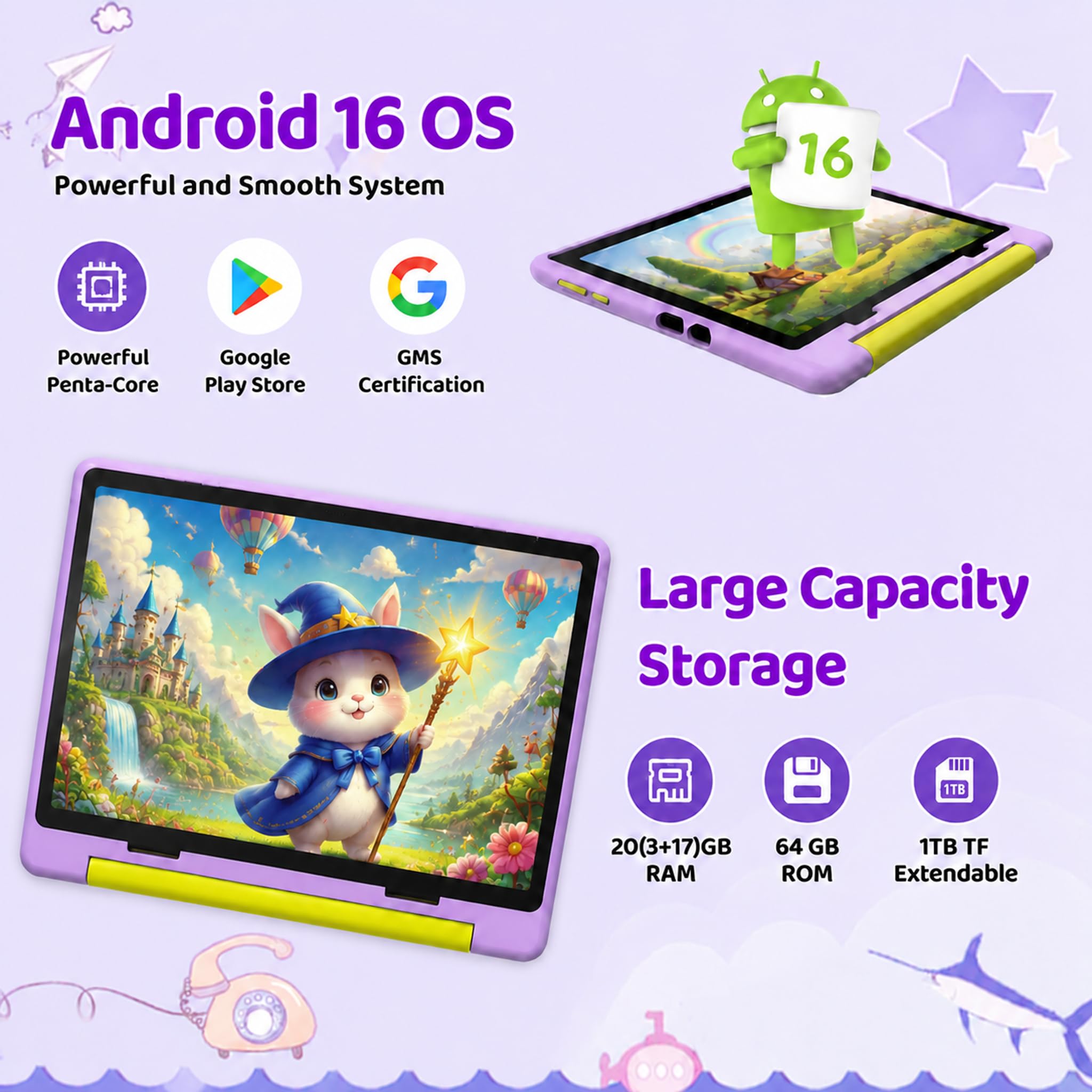 Tablet Bambini 10 Pollici Android 16 Tablets PC 20 GB RAM 64 GB ROM IPS1280x800 Doppia Fotocamera 5MP+8MP 5000 mAh WiFi 6 BT 5.4 Controllo Parentale Custodia Protettiva (Viola)