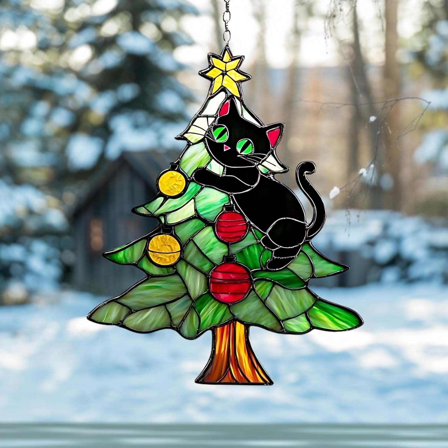 Christmas Acrylic Stained Glass Suncatcher Indoor Colorful Window Hanging Ornament Outdoor Sun Catcher Panel for Home Decor Car Garden Crystal Gift Christmas Tree and Black Cat Suncatcher