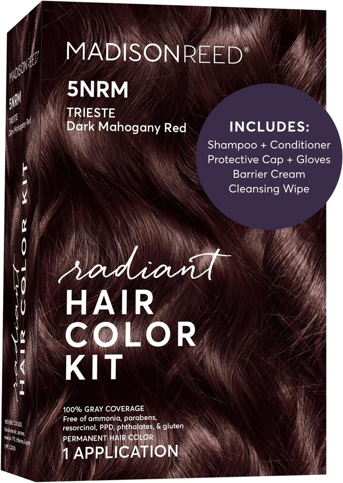 - Madison Reed Radiant Hair Color Kit, Permanent Hair Dye, 100% Gray Coverage, Ammonia-Free, Trieste Red 5NRM Dark Mahogany red, Pack of 1