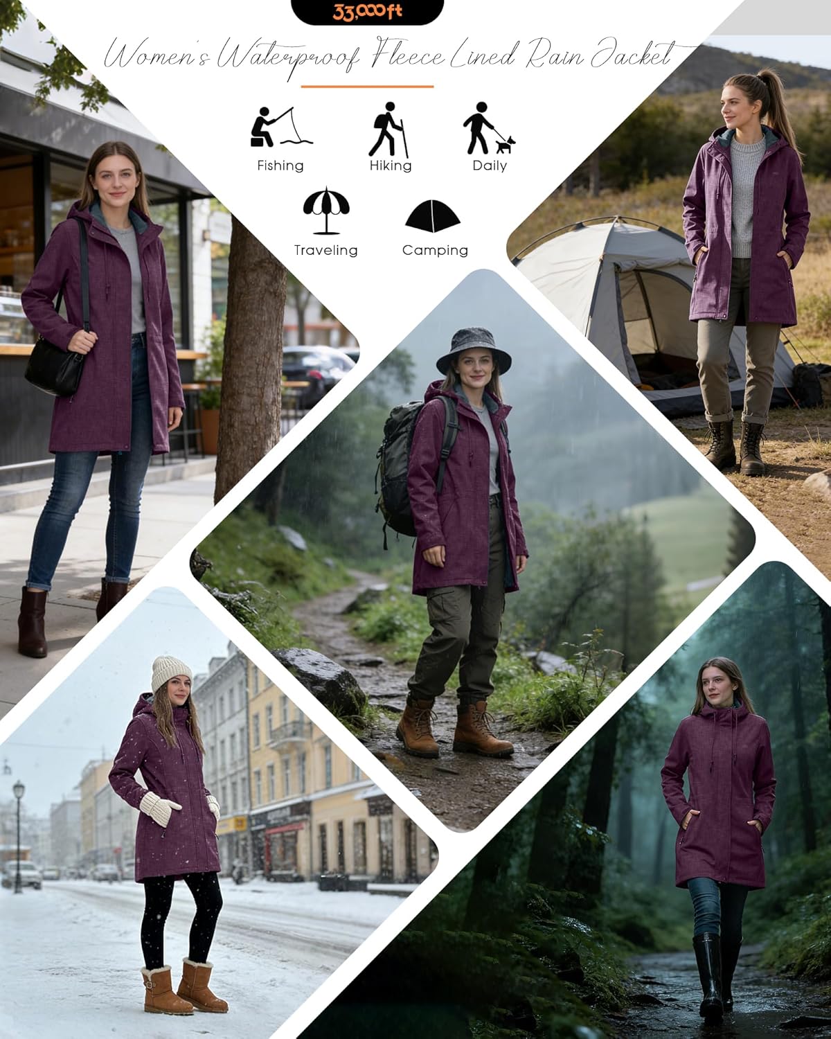 33,000ft Women's Softshell Long Jacket with Hood Fleece Lined Windproof Warm up Waterproof Windbreaker - Image 2