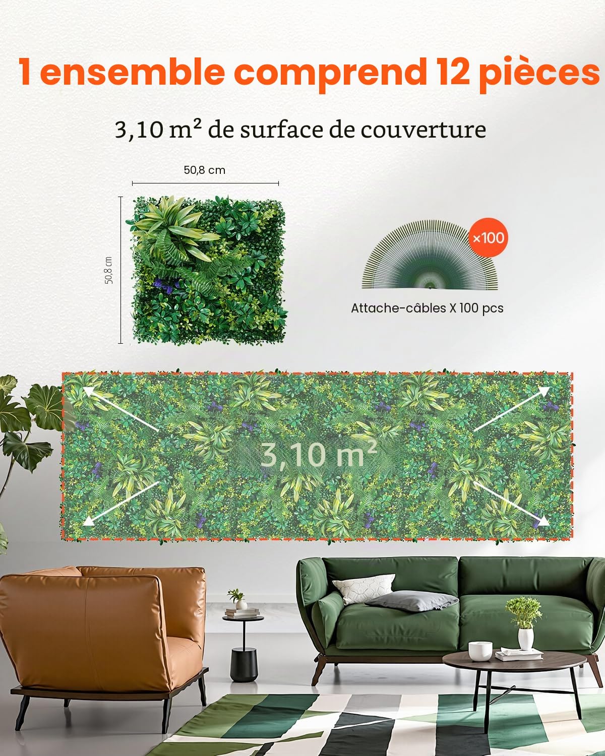 VEVOR Mur Végétal Artificiel 12 PCS Panneau Mural Décoratif Plante Artificielle 3D Emboîtable, 50x50 cm, pour Décoration Intérieure Extérieure, Couverture de Clôture en Lierre, Brise-vue Mural Jardin
