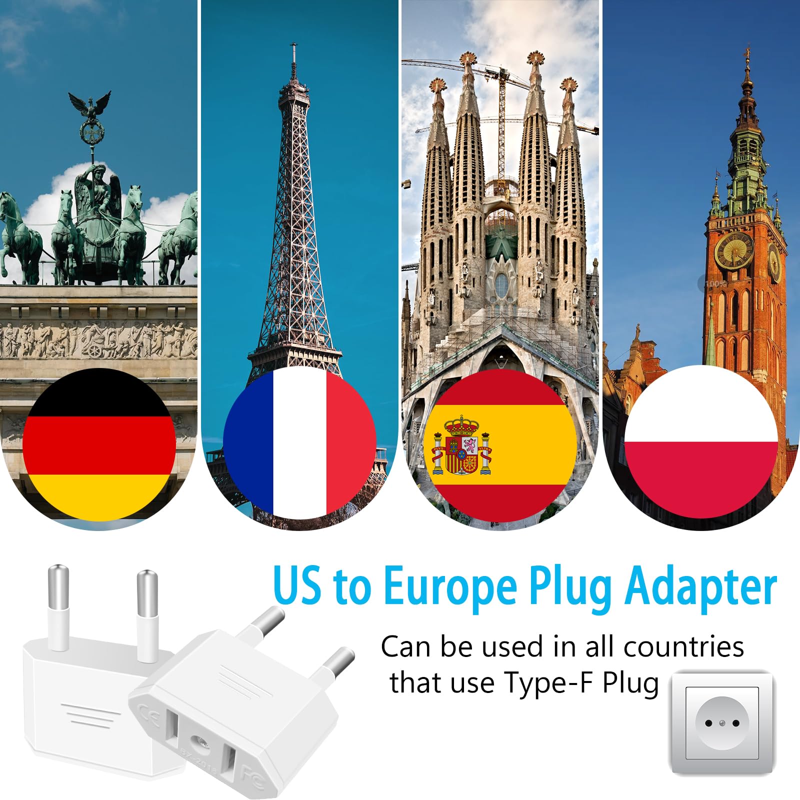 Tixlux 2 Pièces Adaptateur Prise USA vers France, Fiche d'Adaptation Allemagne, Voyage US vers EU