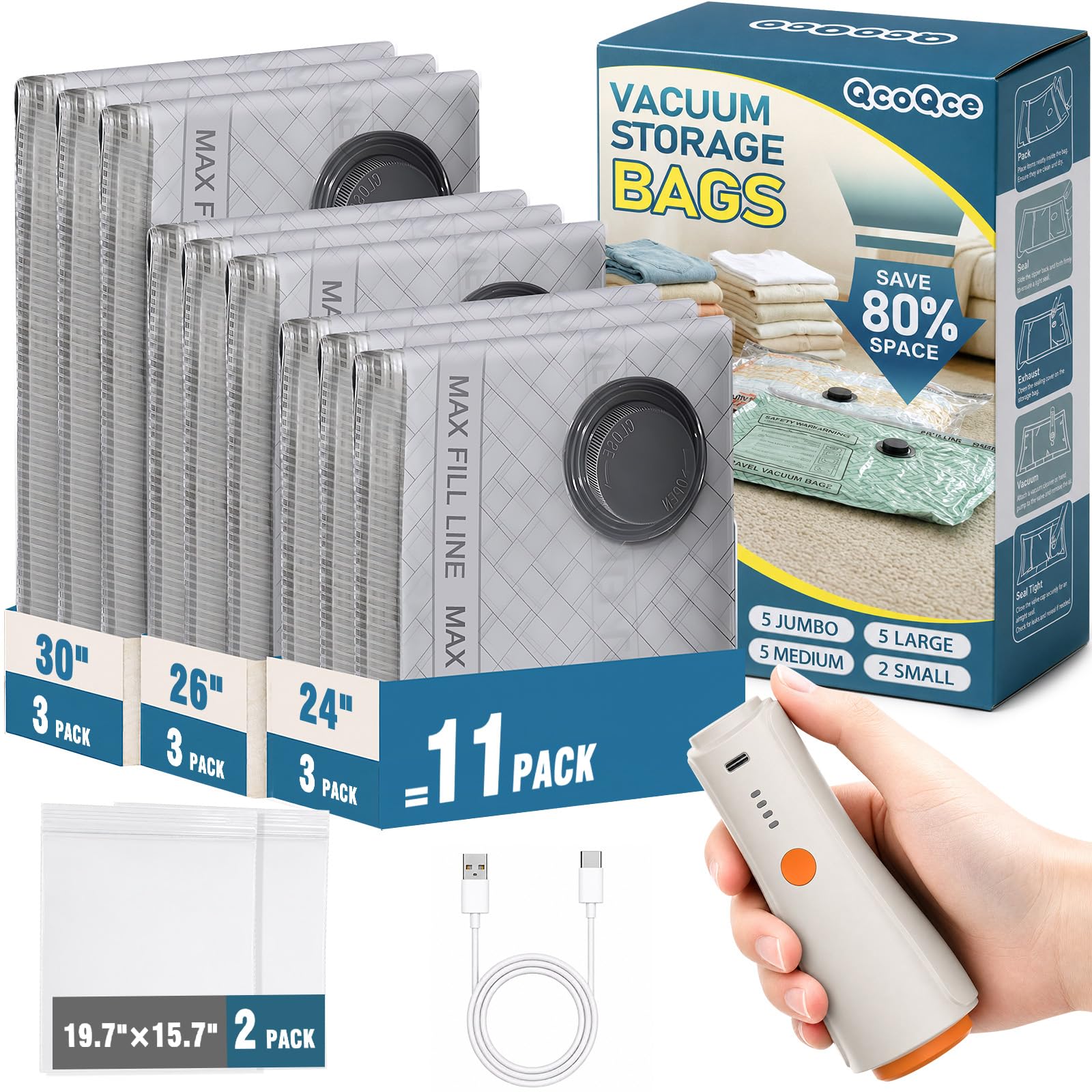 QcoQce Vacuum Storage Bags with Wireless Rechargeable Electric Pump, Space Saver Bags for Home and Travel, Vacuum Seal Bags for Clothing, Bedding, Seasonal Storage, Packing Bags for Moving (11 Pack)