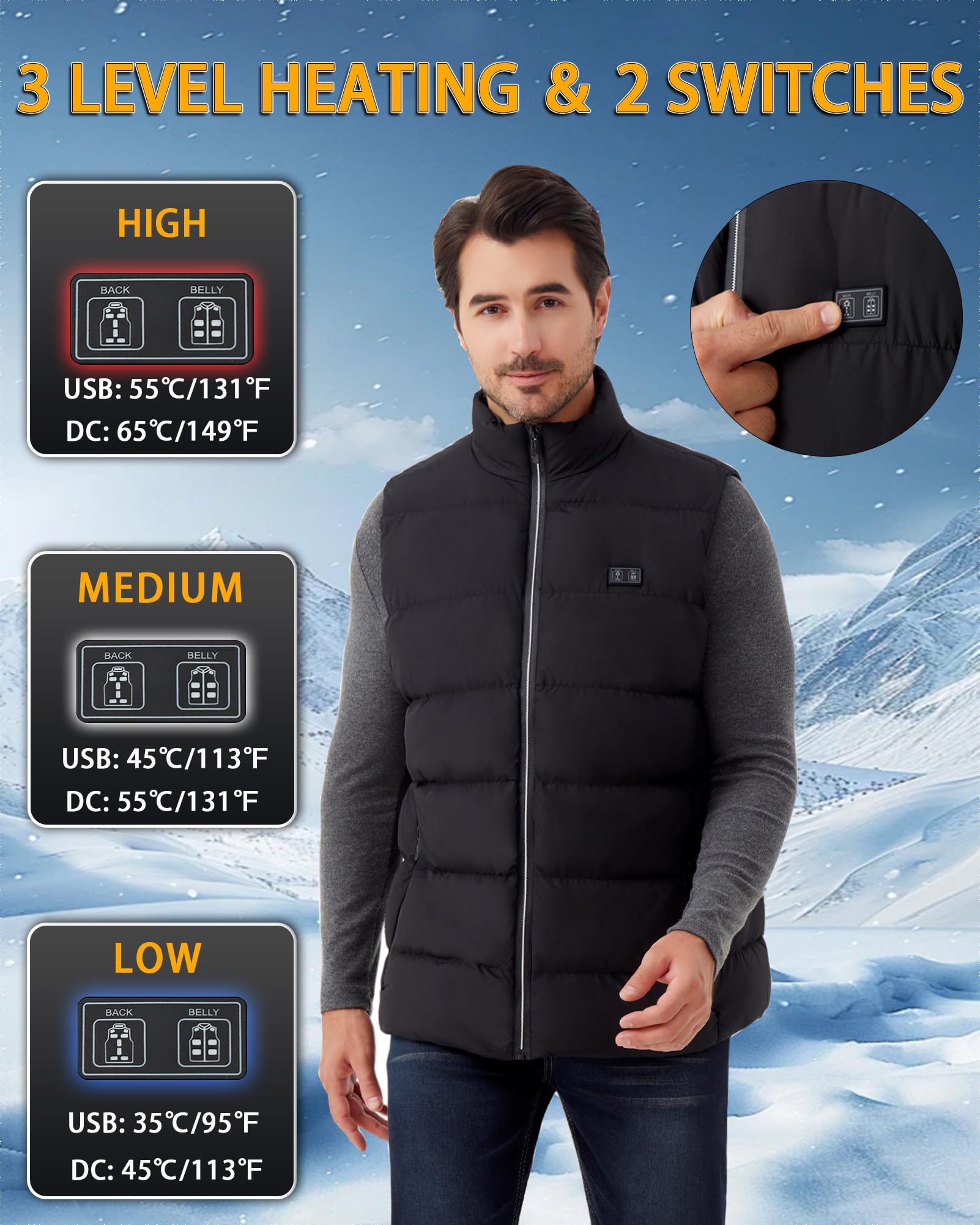Gilet riscaldato elettrico da uomo: gilet riscaldato USB con 3 temperature regolabili, 15 zone di riscaldamento, batteria da 16000 mAh, giacca riscaldante invernale calda per attività all'aperto