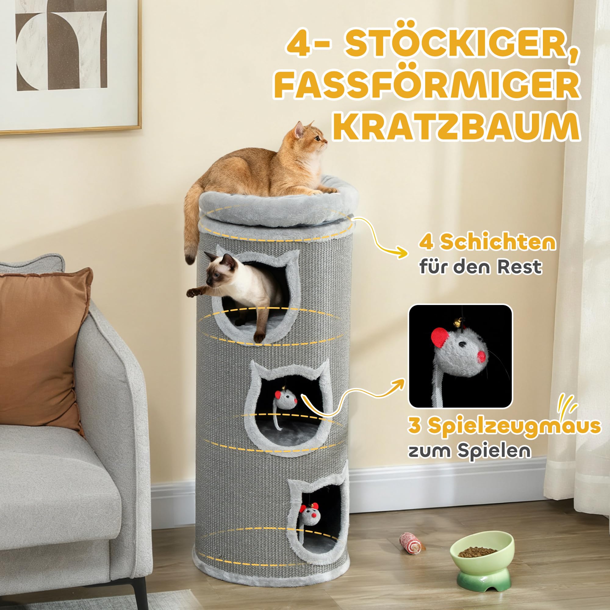 PawHut Kratztonne 96 cm Hoch Ø 38 cm vierstöckige Katzentonne mit Plüschrand, abnehmbarem und waschbarem Plüschbett, Katzenhöhle, Kratzbaum für Katzen unter 6 kg, Grau