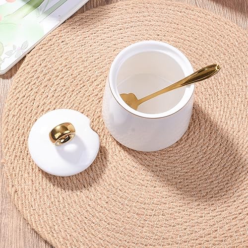Miniatura 3 de Tazones de azúcar de cerámica con cuchara de acero inoxidable tazón de sal con tapa para el hogar y la cocina, color blanco
