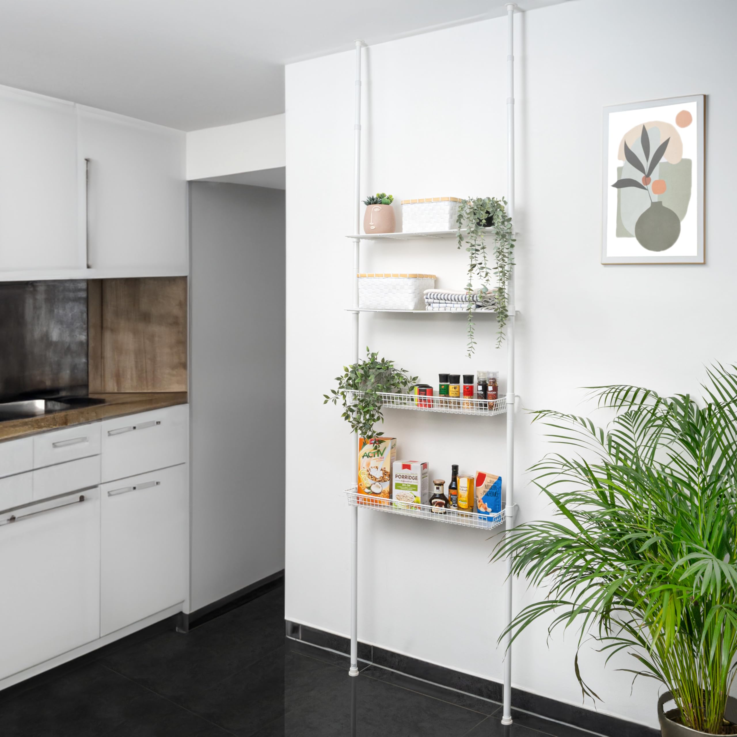 bremermann Teleskop-Regal mit 2 Körben 2 Ablagen, Badregal, Waschmaschinenregal, Allzweckregal für viele Wohnbereiche geeignet, Teleskop-Stange höhenverstellbar bis max. ca. 290 cm (Weiß)