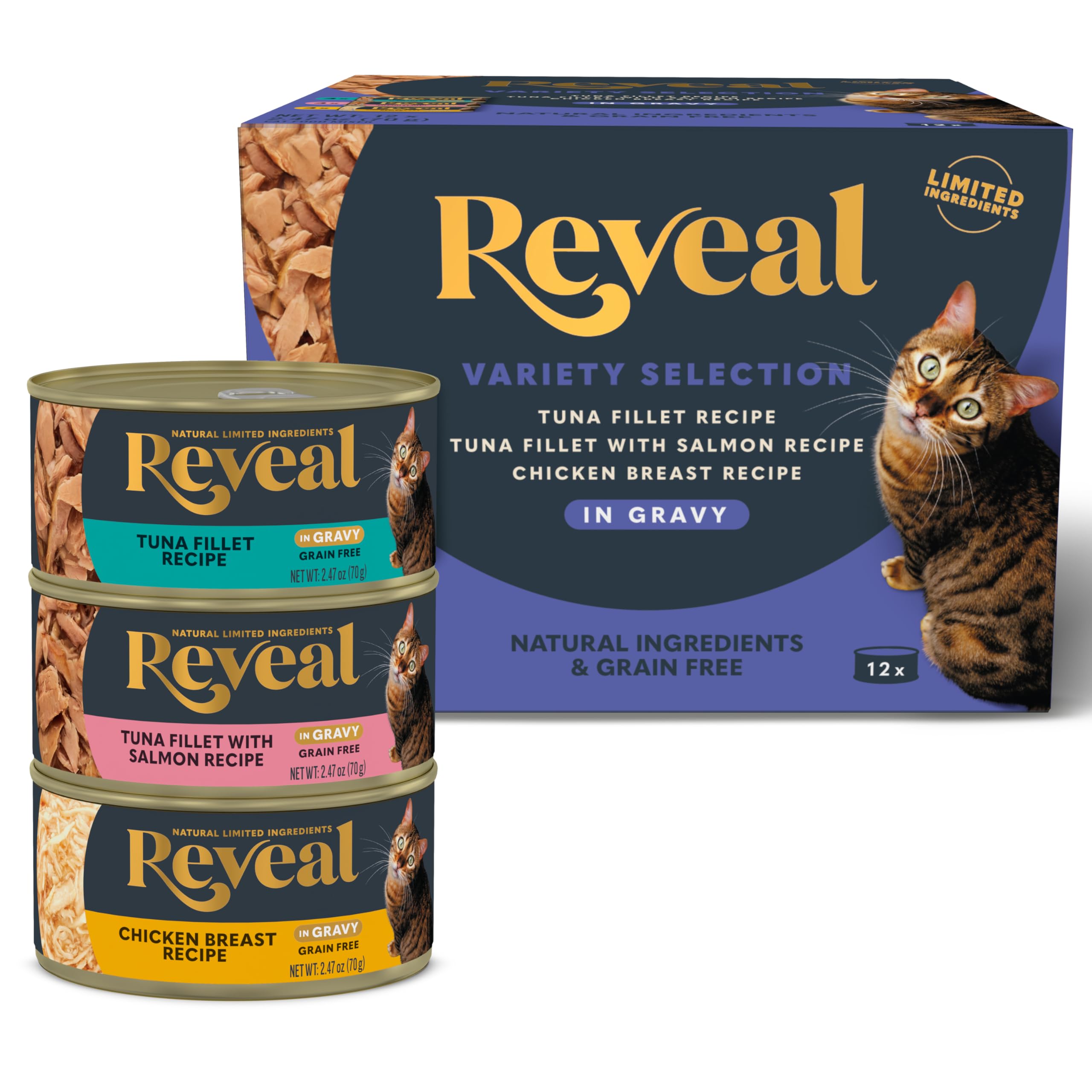 RevealNatural Wet Cat Food, 12 Count, Grain Free, Limited Ingredient Canned Food for Cats, Fish and Chicken Variety in Gravy, 2.47 oz Cans