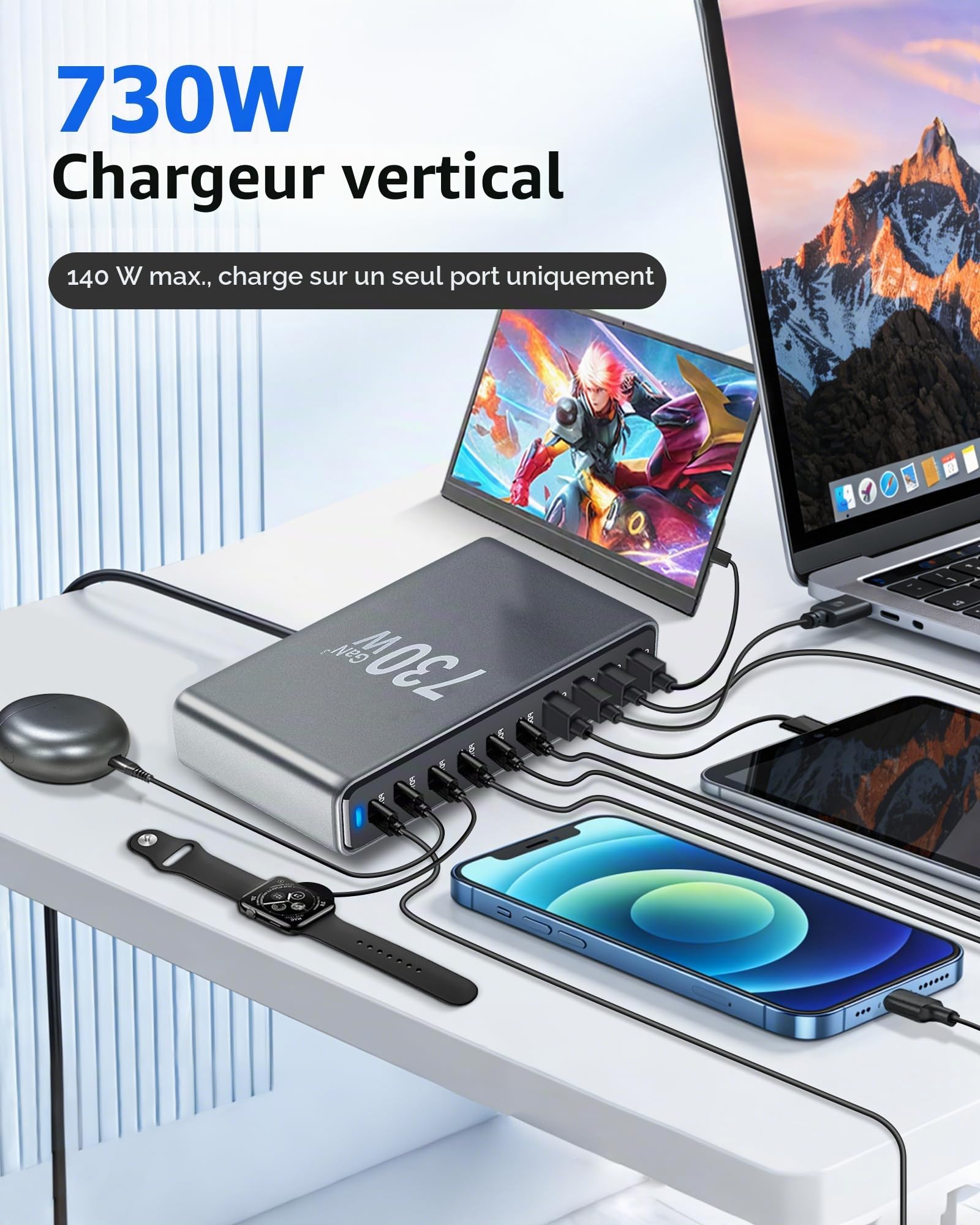 Chargeur GaN Desktop 730W, Station de Charge Rapide 10 Ports