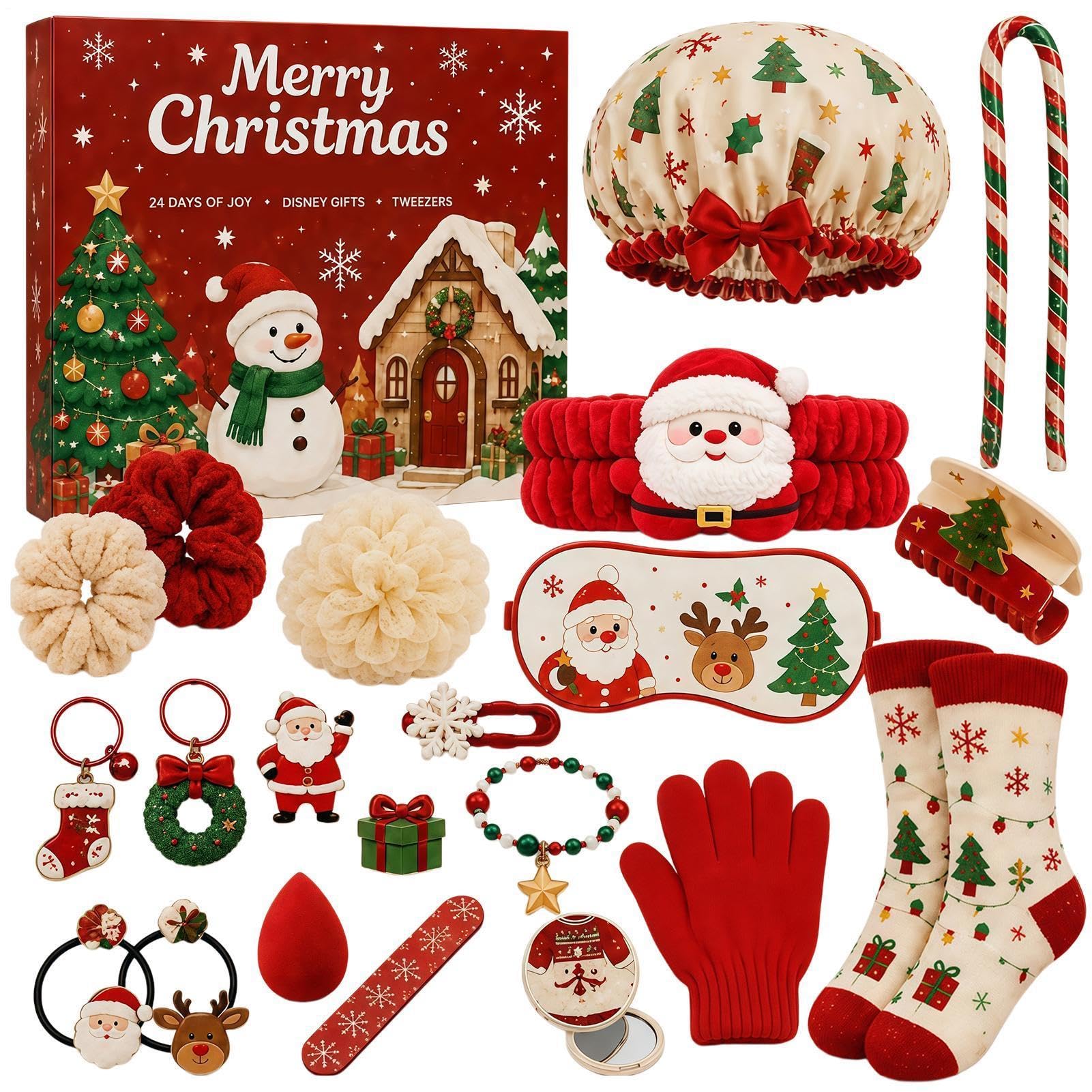 Calendario natalizio conto alla rovescia Babbo Natale accessori per capelli | Set per conto alla rovescia natalizio per ragazze, 24 giorni, per feste di amici, premi scolastici, calza della Befana