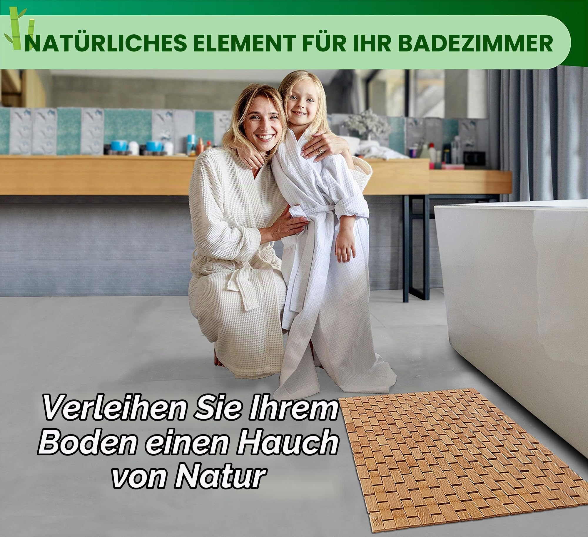 Badematte aus natürlichem Bambusholz, groß, lang, faltbar (45,7 x 86,4 cm (B x L), gummierte Unterseite, Bodenzubehör für Badezimmer, Sauna, Spa und Badewanne, Keine Nägel