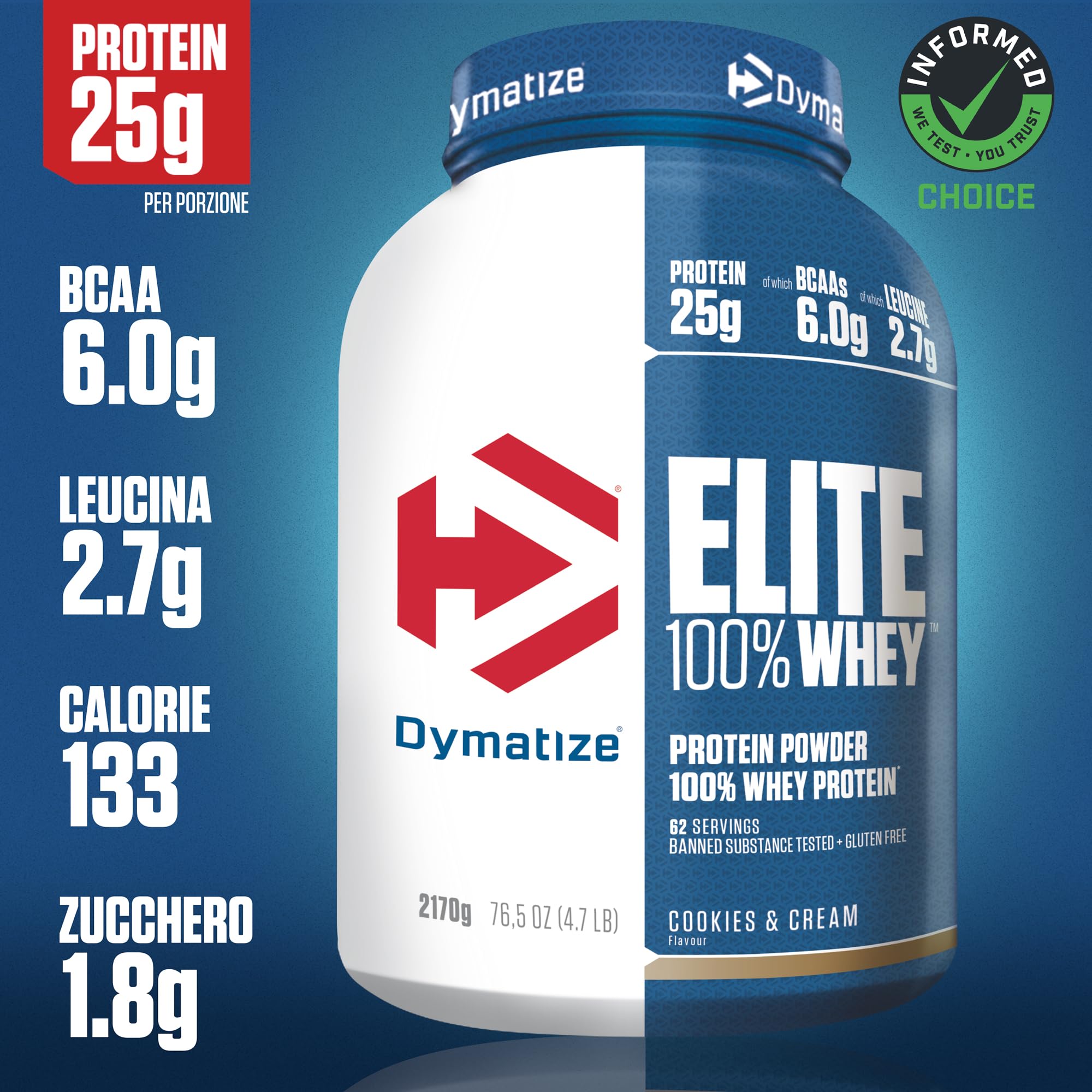 Dymatize Elite 100% Whey Cookies & Cream 2170g - Polvere ad alto contenuto di proteine e basso zuccheri del siero latte BCAA