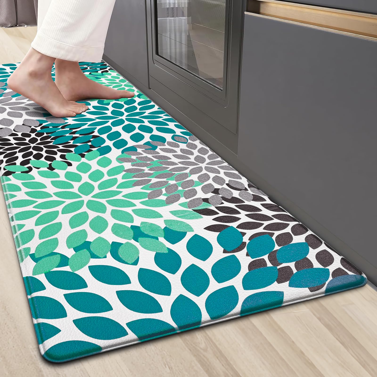 Likiyol Kitchen Mats for Floor Anti-Fatigue Comfort Kitchen Rugs, Boho Flower Cushioned Waterproof Kitchen Decor Mat Thick, 18''x60'', Teal