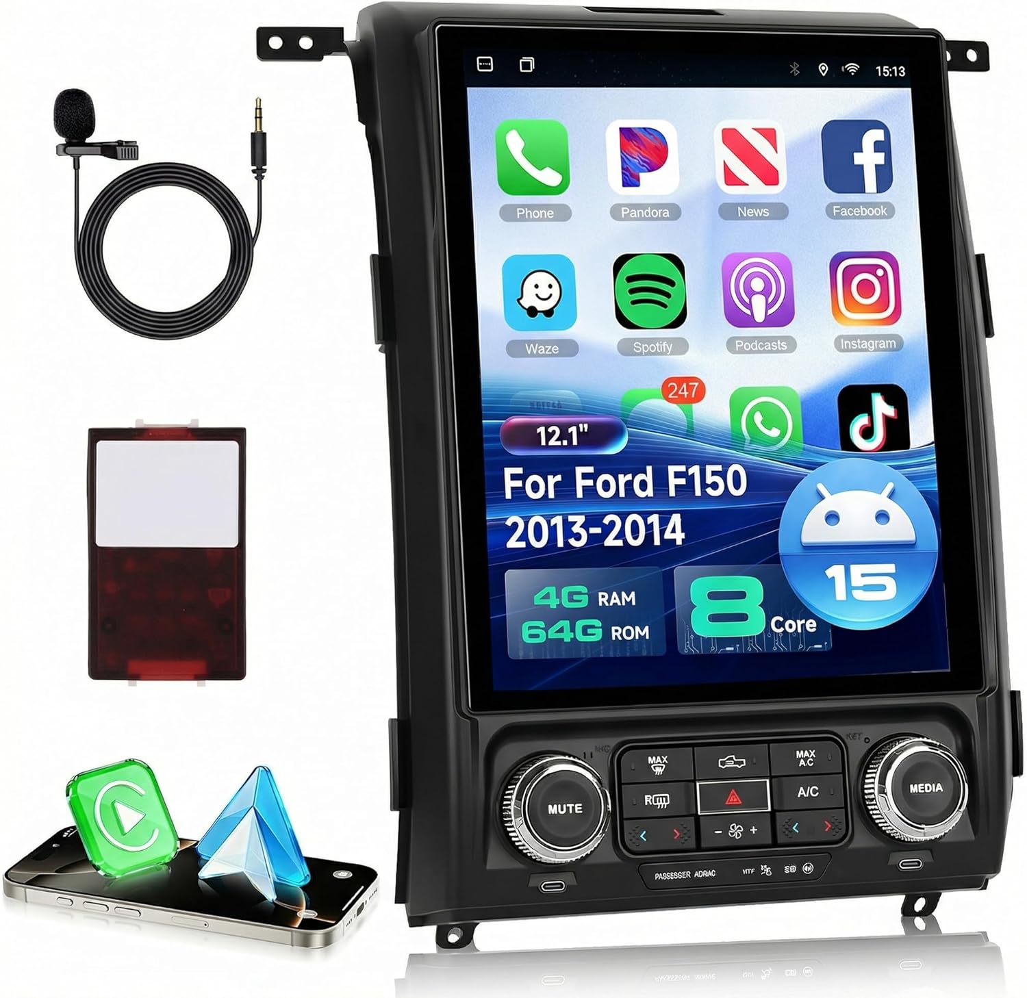 8 Core 4+64G F150 2013-2014 Car Radio, 12.1’’ IPS Screen Tesla Style F150 Stereo with Android 15 Weather Forecast AM/FM/DSP WiFi,Wireless CarPlay & Wireless/Wired Android Auto BT SWC MirrorLink