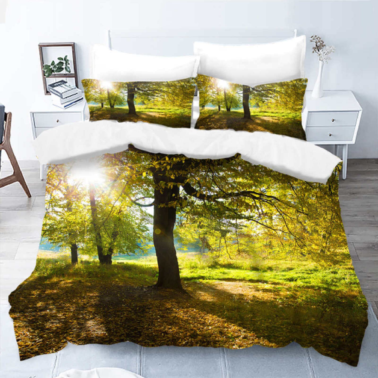Housse de Couette 140x200 Forêt Verte Brune Linge de Lit et Oreillers Housse Couette 2 x Taies Oreiller 50 x75cm, Parure de Lit Fermeture éclair Dissimulée Microfibre