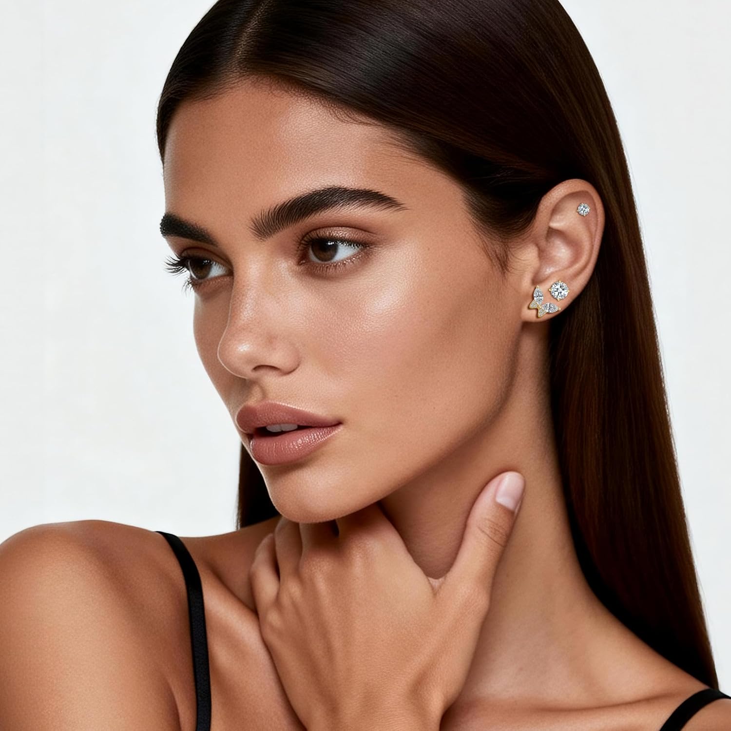 3 Pairs 14K Gold Plated Cubic Zirconia Earrings Set, Round & Butterfly Stud Earrings (Size 6mm 4mm 3mm), S925 Silver Posts, Hypoallergenic Earrings for Women & Men - Image 3