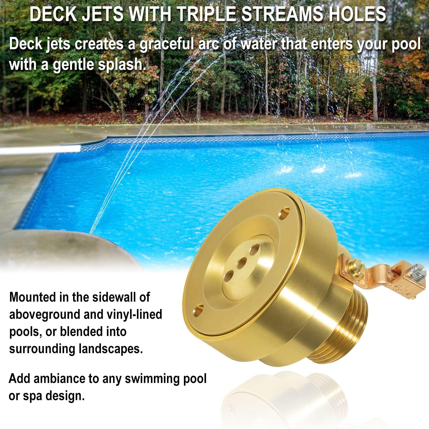 3 Hole Pool Brass Deck Jet Nozzle with Ground Lug for Swimming Pool Spa Fountain Water Hole Pump, Triple Streams Jet Nozzle