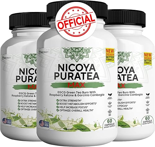 GREENVIFY Nicoya PuraTea Max Extracto de té verde y grano de café verde para apoyo al metabolismo, impulso de energía natural, suplemento rico en