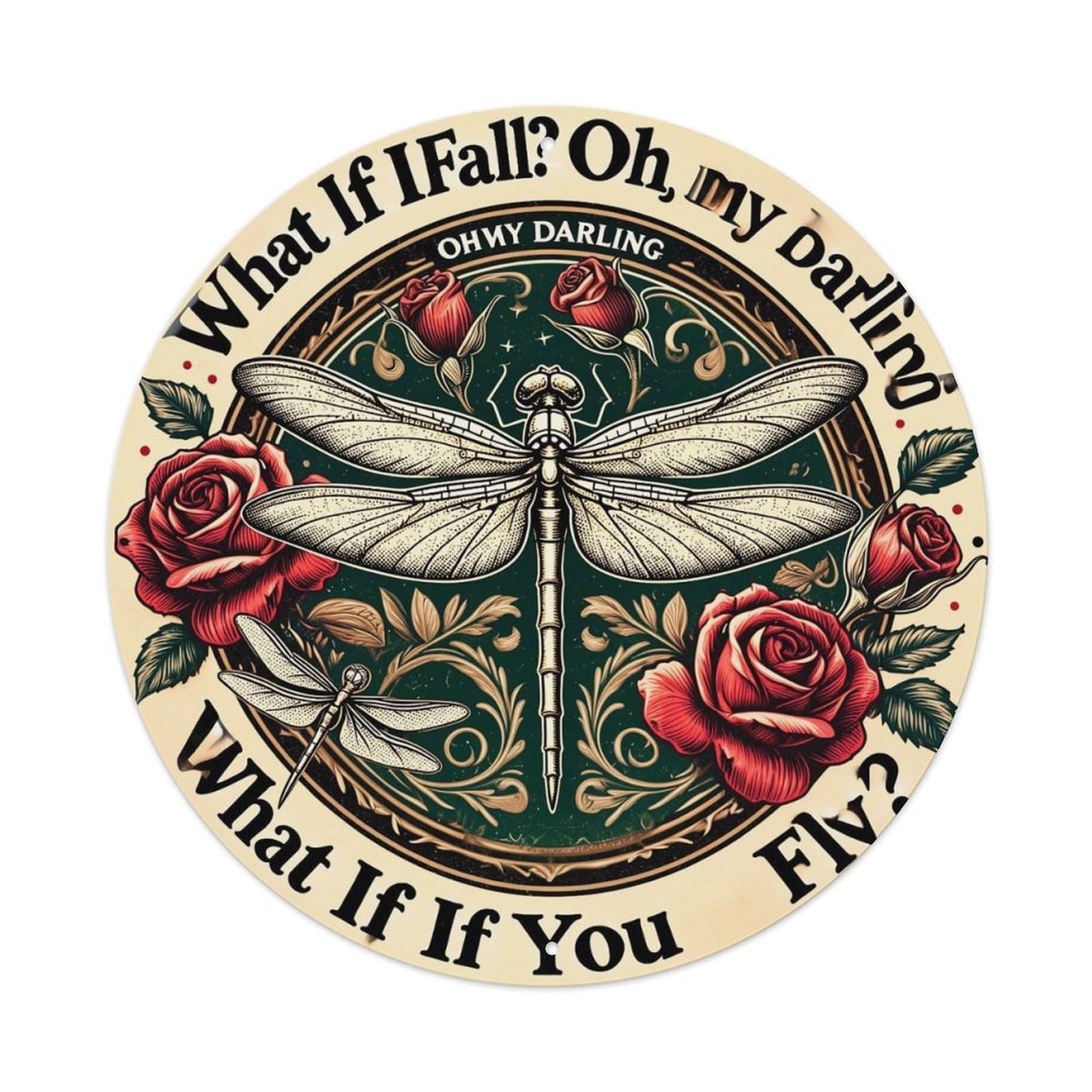 Dragonfly Roses Vintage Art Design Vintage Round Tin Sign Retro Metal Wall Decor Metal Poster, Home Bar Garage Cafe Wall Art Decoration 8x8Inches