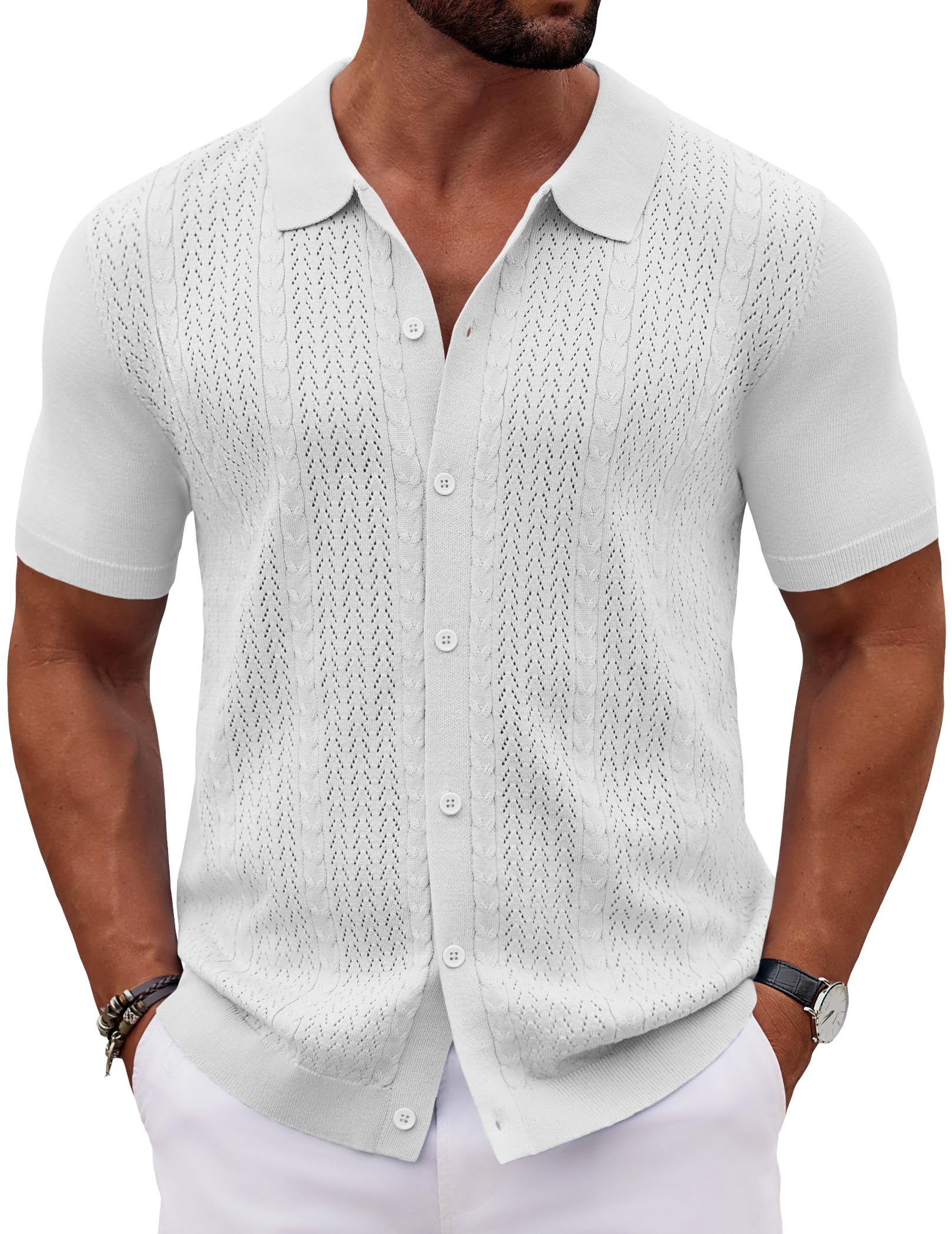 COOFANDY Men's Short Sleeve Knit Button Down Shirts Vintage Polo Shirt Casual Summer Beach Tops