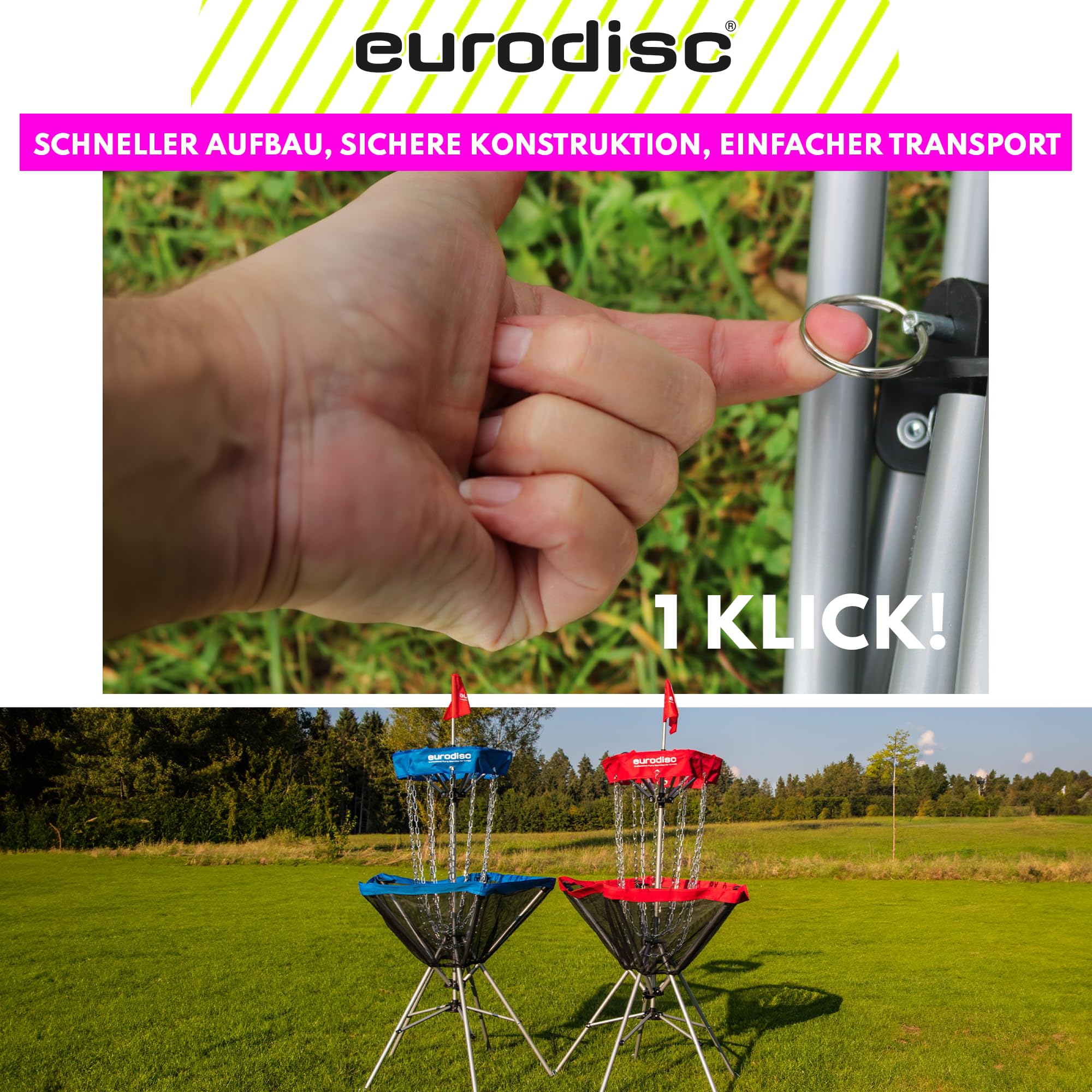 eurodisc 1Click! Profi Discgolfkorb, leicht zu tragen, mit einem Handgriff aufgebaut, Familientrendsport Discgolf