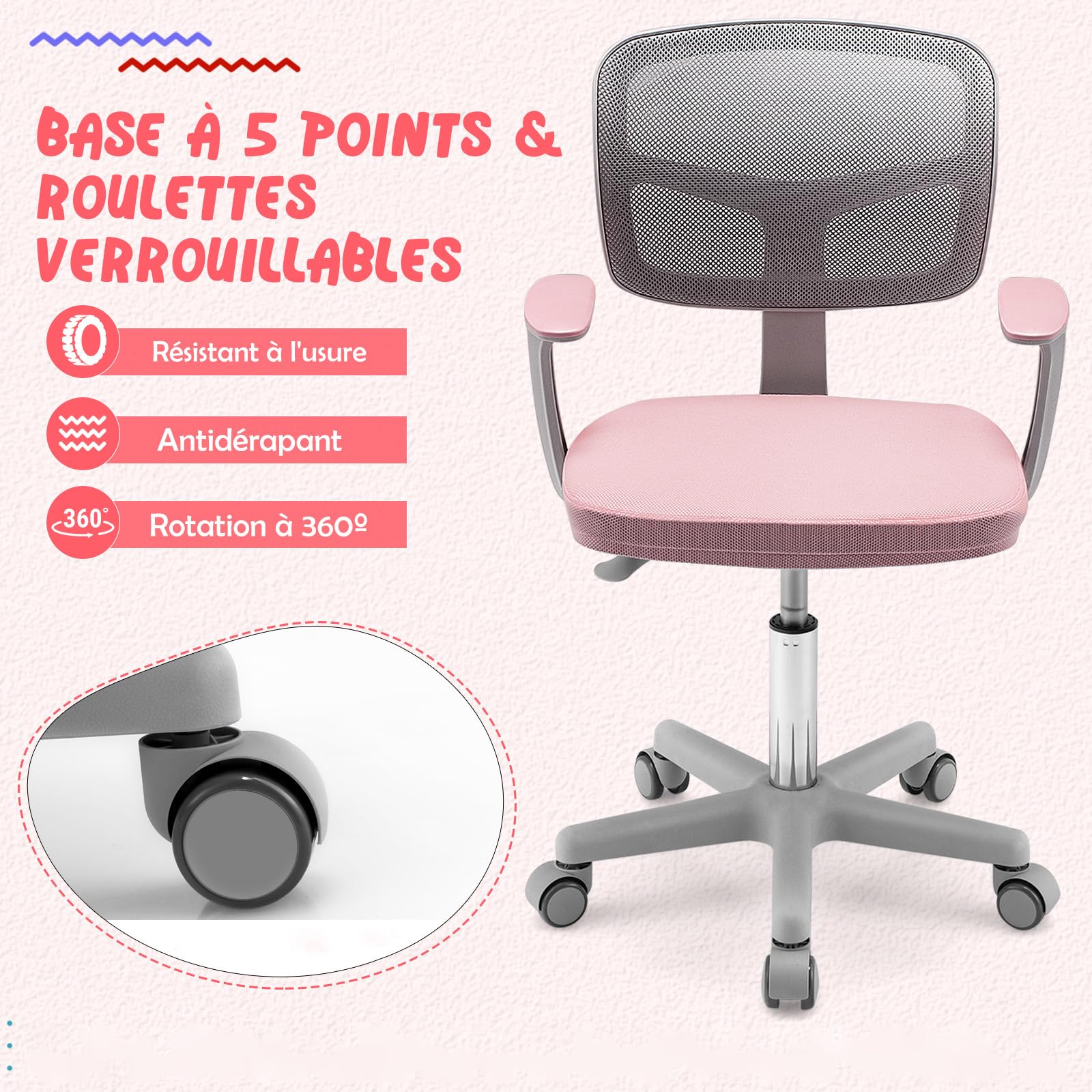 COSTWAY Chaise de Bureau Pivotante Enfants avec Hauteur Réglable 80-91,5cm, Siège à roulettes Enfants avec Dossier & Accoudoirs Ergonomique, Coussin Amovible, Charge 150kg pour 3-10 Ans