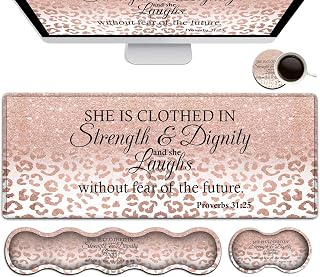 Large Mouse Pad, Office Desk Pad,Laptop Desk Table Protector Writing Mat, Ergonomic Extended Pink Leopard Mouse Pad, Keyboard Wrist Rest Support Set,Proverbs 31:25 Verse Desk Mat Gaming Mouse Pad