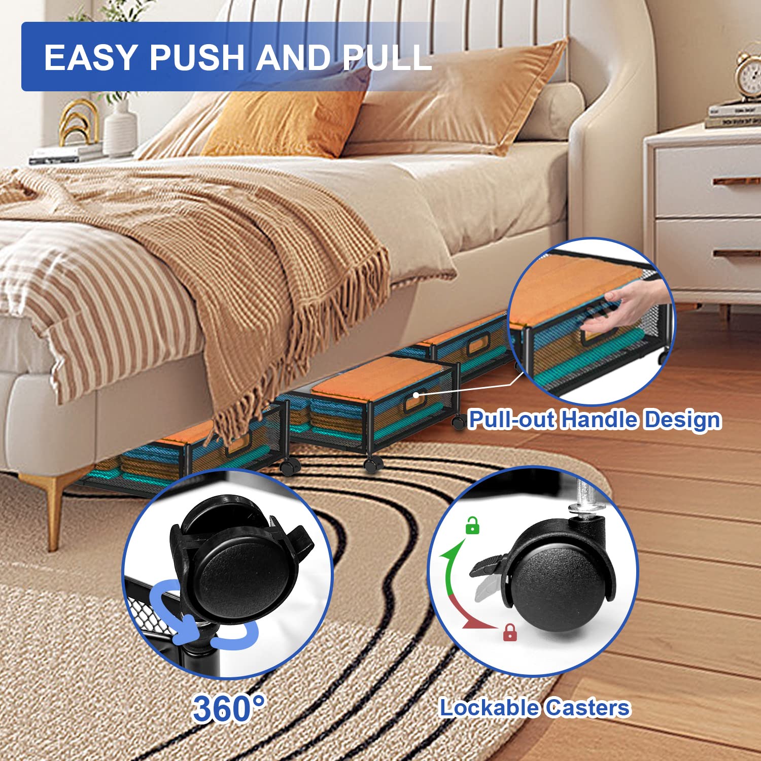 SKERELL Almacenamiento plegable debajo de la cama con ruedas y asa, organizador de metal resistente para ropa, zapatos, mantas, juguetes