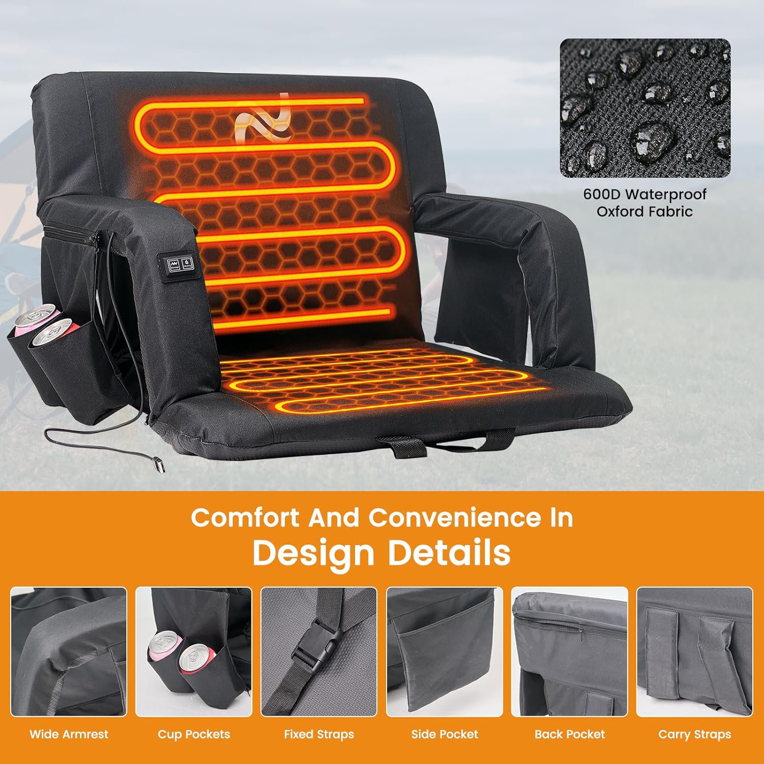 LILYPELLE 2Pack Double Heated Stadium Seats for Bleachers with Back Support, 3 Levels Heating Stadium Seating for Bleachers Seat with Backrest, Armrest, Portable Stadium Chair for Outdoor