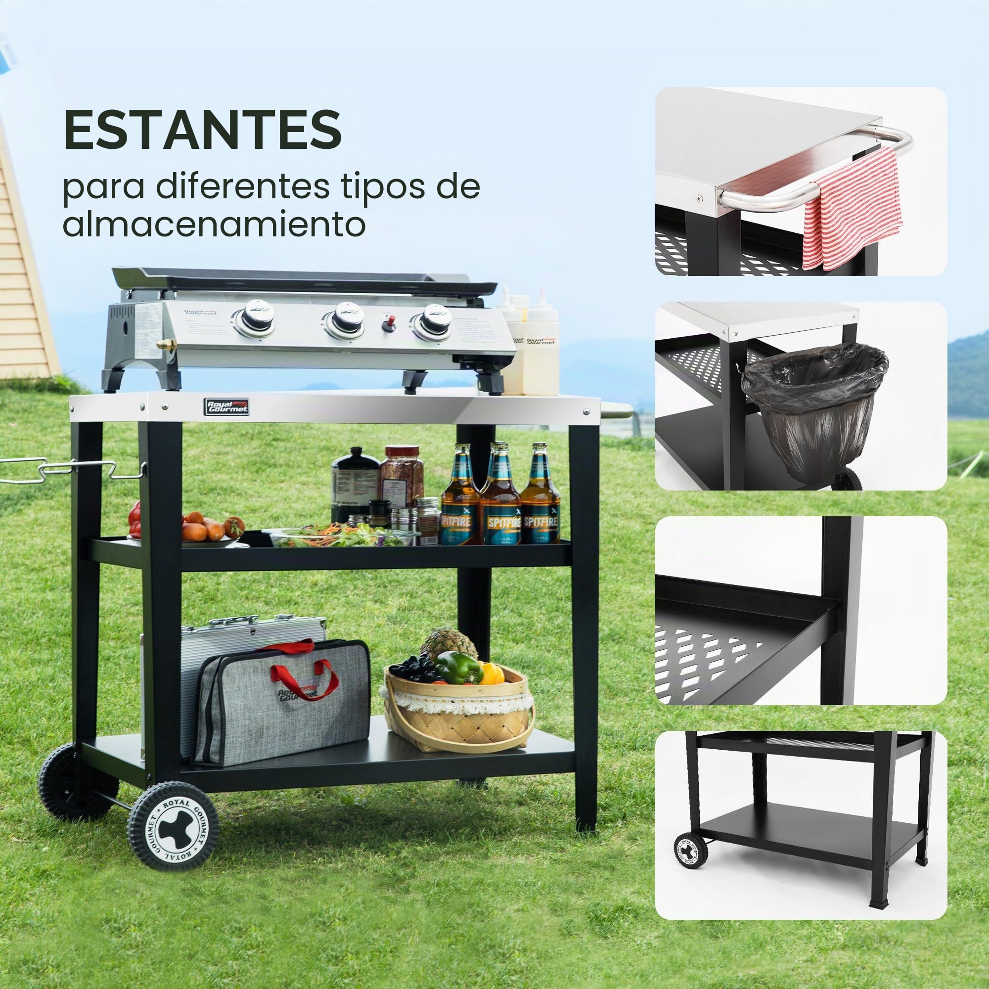 Royal Gourmet Carro de Servir de 3 Niveles con Soporte para Bolsas de Basura, Carrito de Cocina, de Acero Inoxidable, Mesa Auxiliar para Exteriores, Plancha, Mesa de Barbacoa, Carrito con Ruedas,