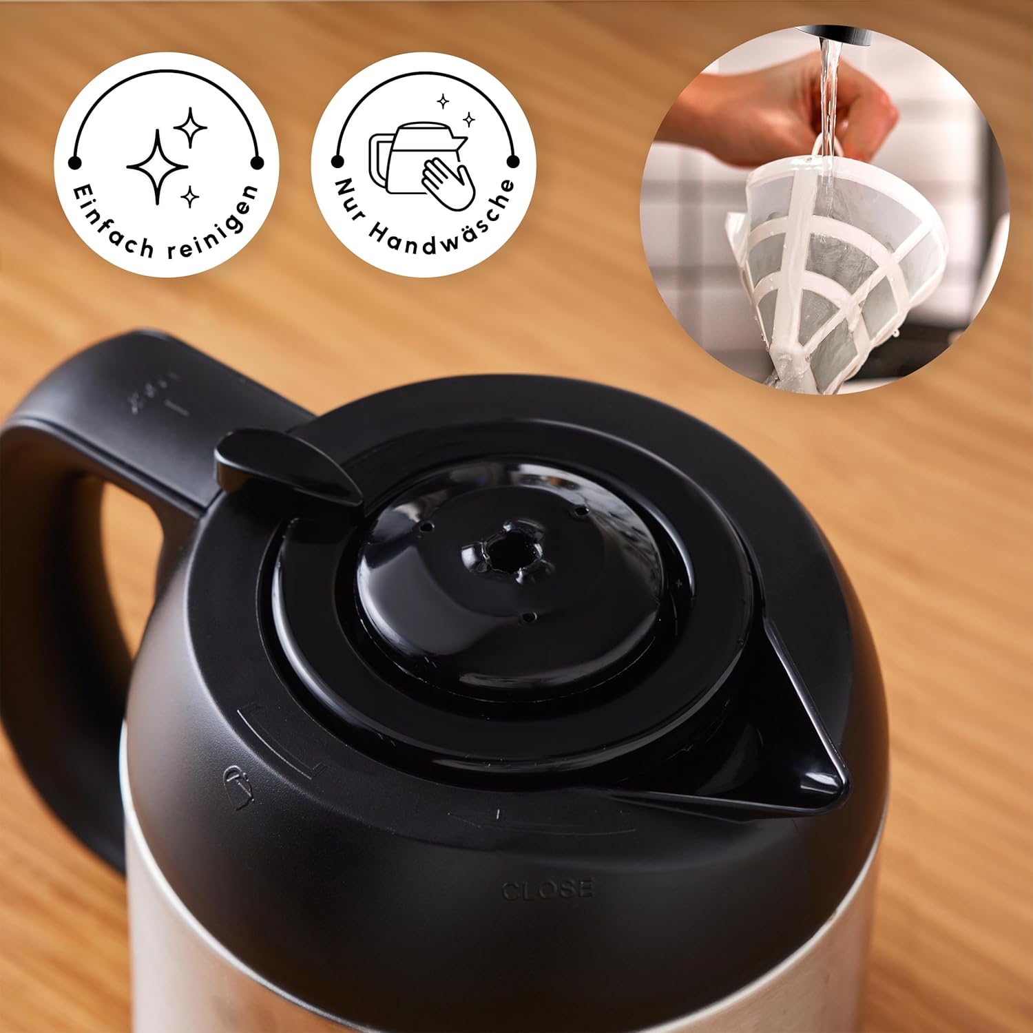 Close-up of a hand rinsing the nylon filter under running water, with icons indicating 'Easy Clean' and 'Hand Wash Only'.