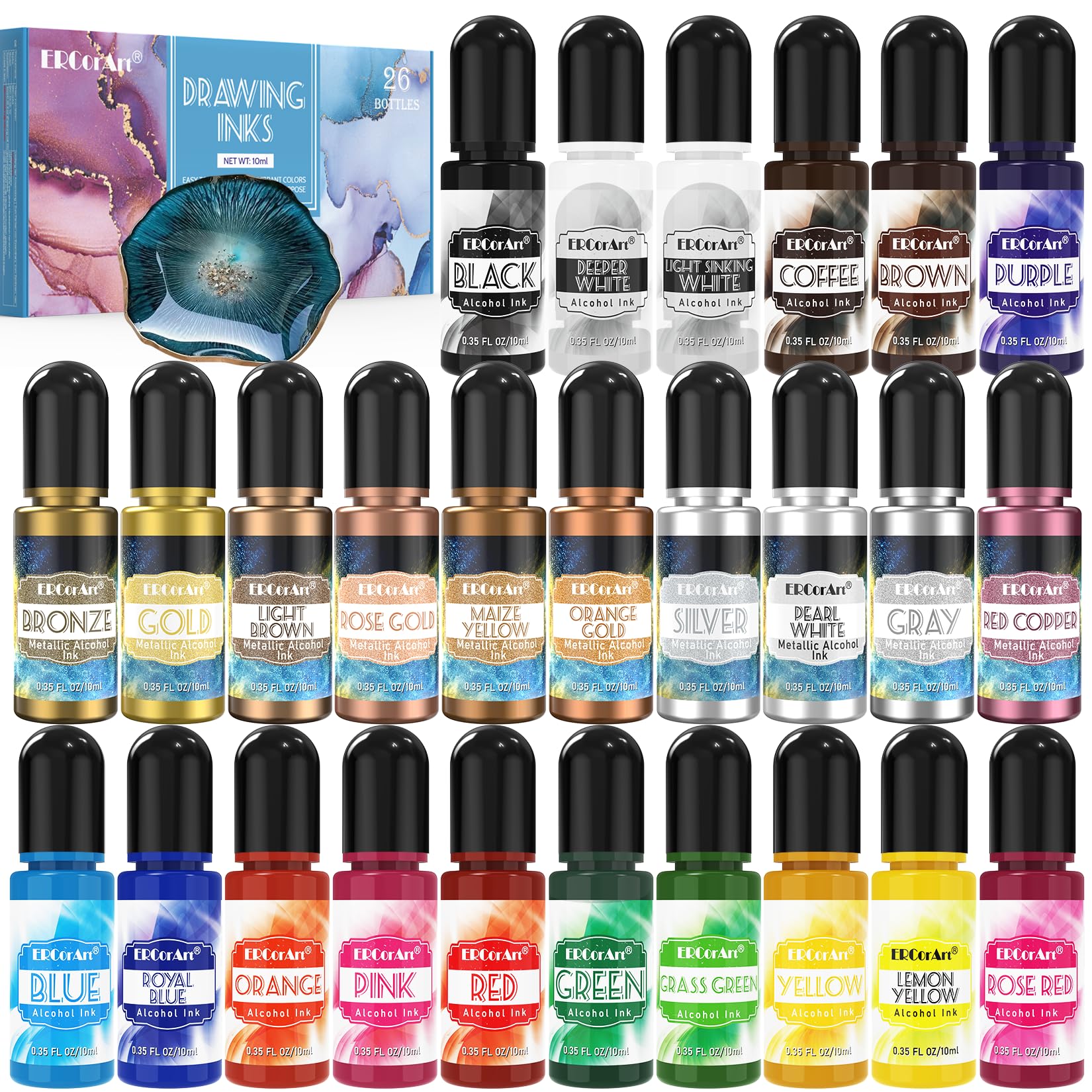 Alcohol Ink Set - 26 Bottles Vibrant Colors, High Concentrated Ink, 10 Colors Metallic Pigment for Epoxy Resin, Fluid Art Painting, Glass - 0.35oz